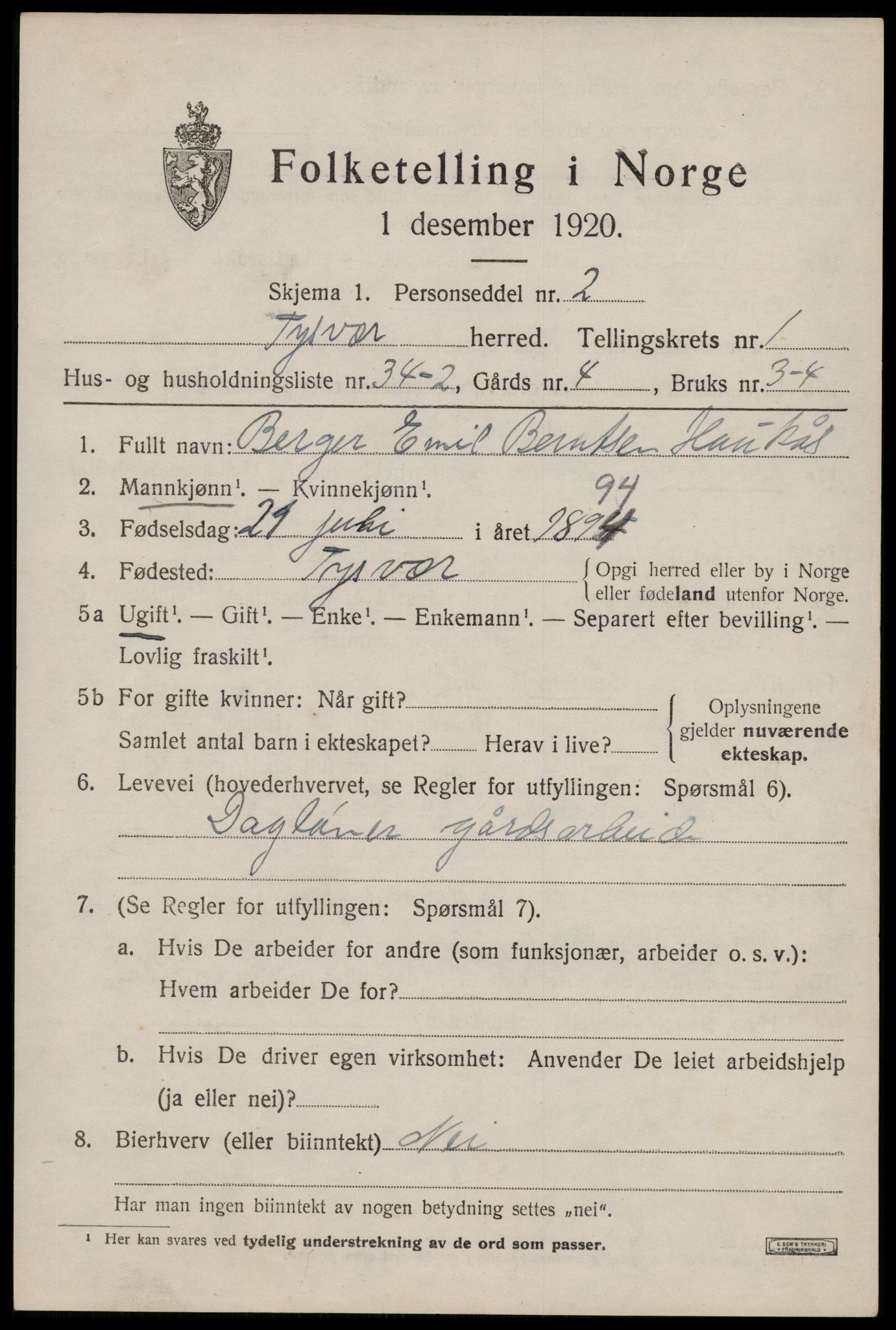 SAST, 1920 census for Tysvær, 1920, p. 1162