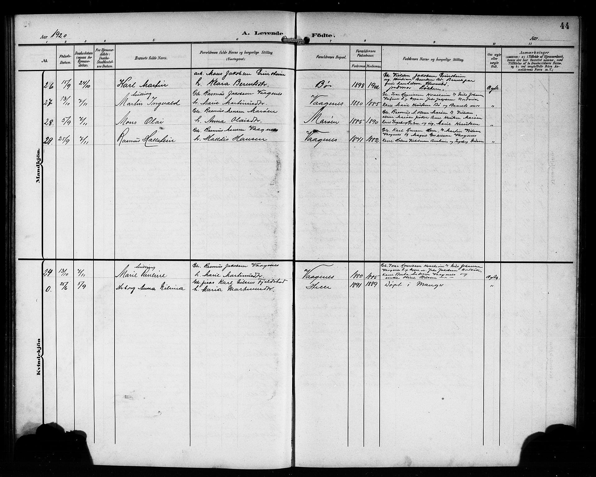 Manger sokneprestembete, SAB/A-76801/H/Hab: Parish register (copy) no. B 4, 1907-1922, p. 44