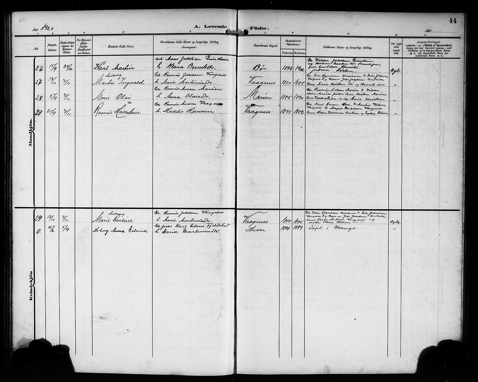 Manger sokneprestembete, AV/SAB-A-76801/H/Hab: Parish register (copy) no. B 4, 1907-1922, p. 44