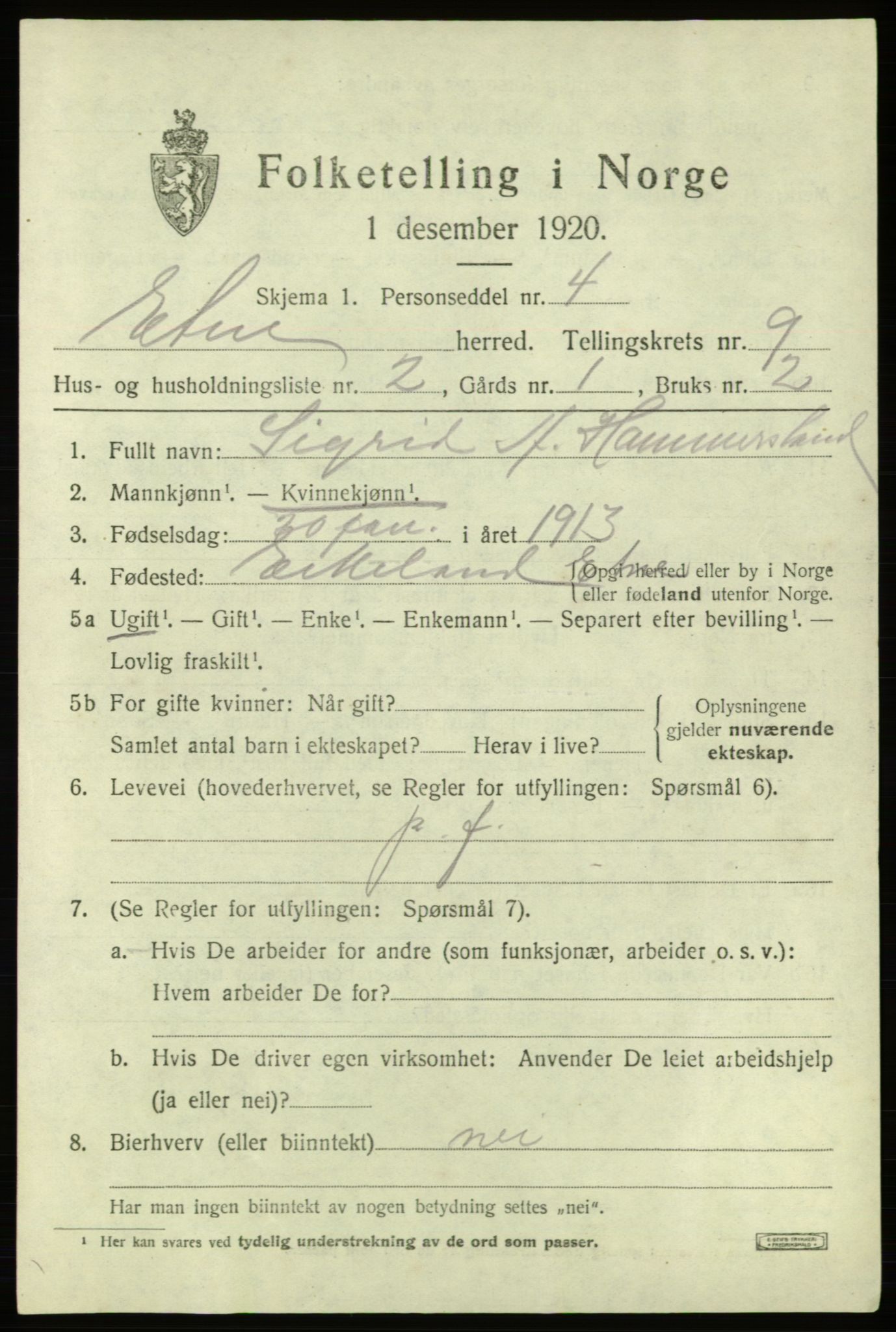 SAB, 1920 census for Etne, 1920, p. 3937