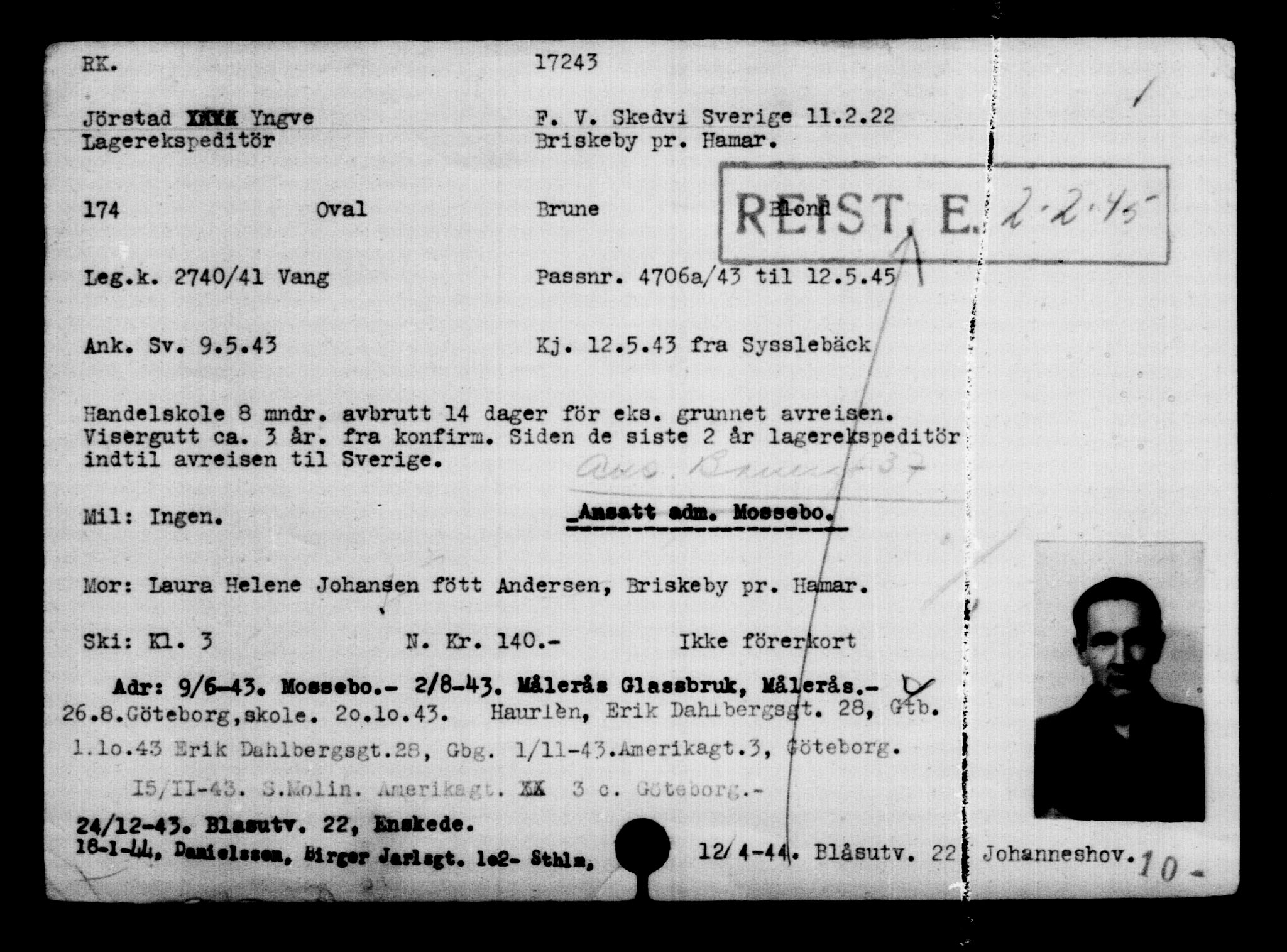 Utenriksstasjonene, Legasjonen i Stockholm, Flyktningkontoret, AV/RA-S-6753/V/Va/L0008: Kjesäterkartoteket, flyktninger med registreringsnr. 15700-18547, 1940-1945, p. 1699