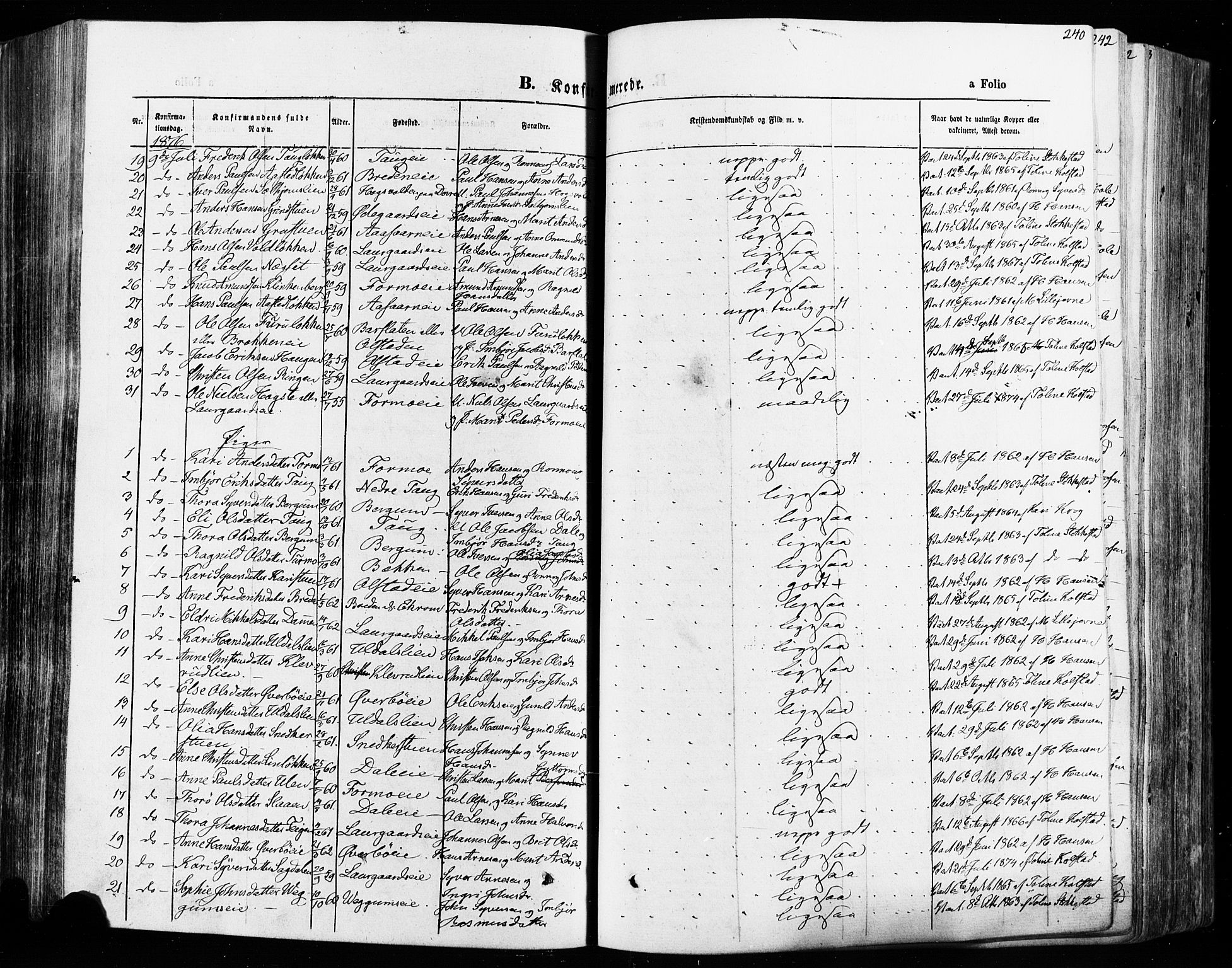 Vågå prestekontor, AV/SAH-PREST-076/H/Ha/Haa/L0007: Parish register (official) no. 7 /1, 1872-1886, p. 240
