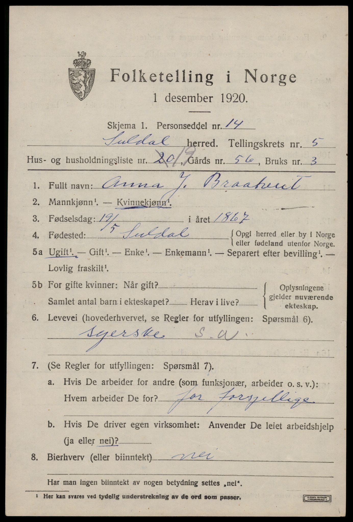 SAST, 1920 census for Suldal, 1920, p. 1590