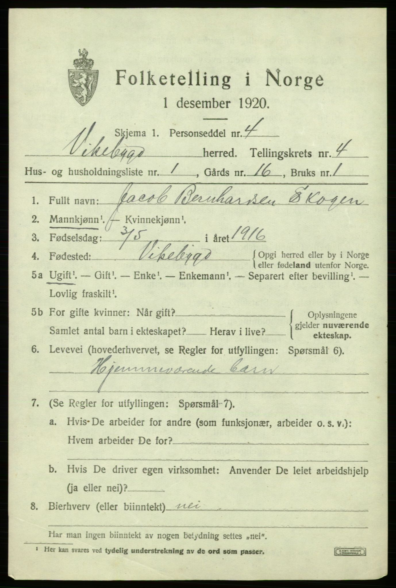 SAB, 1920 census for Vikebygd, 1920, p. 1561