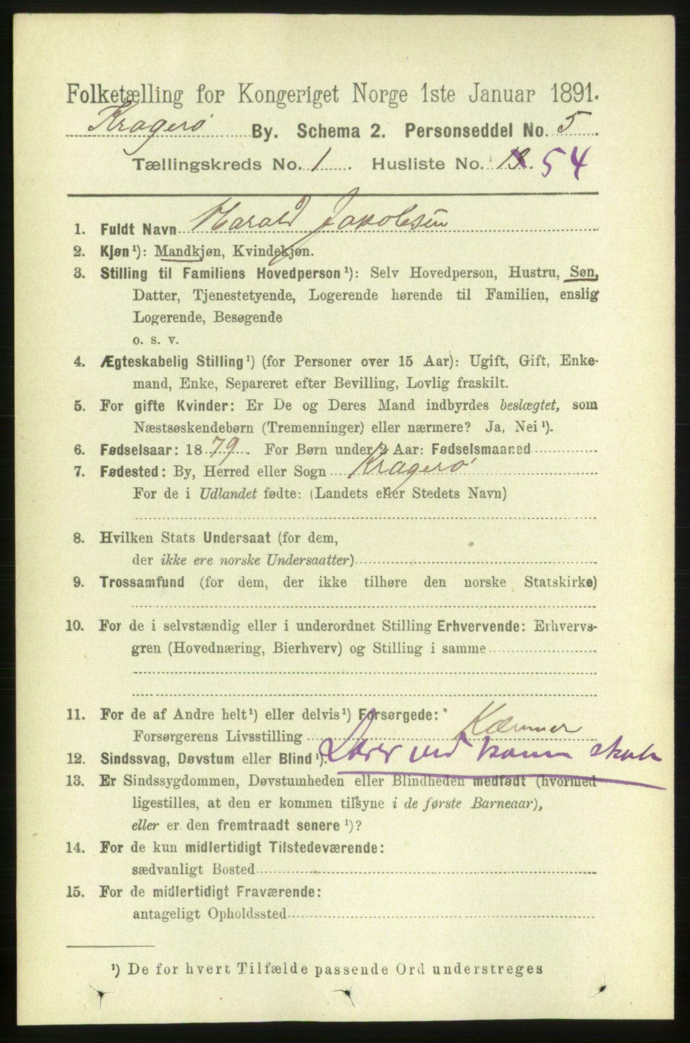 RA, 1891 census for 0801 Kragerø, 1891, p. 2107