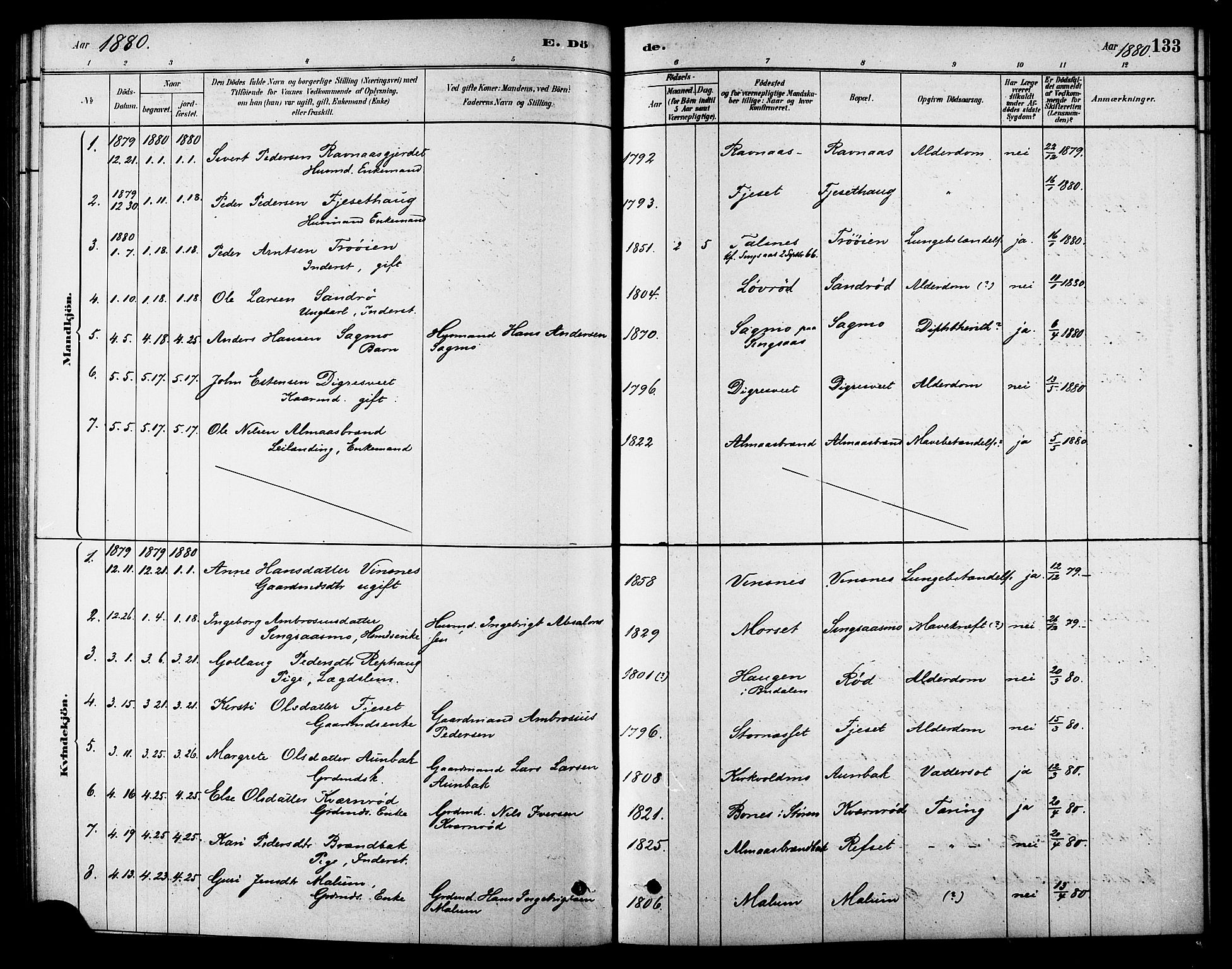 Ministerialprotokoller, klokkerbøker og fødselsregistre - Sør-Trøndelag, AV/SAT-A-1456/688/L1024: Parish register (official) no. 688A01, 1879-1890, p. 133