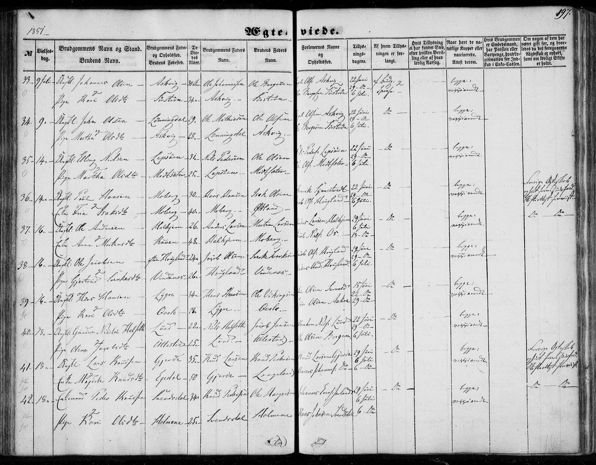 Os sokneprestembete, AV/SAB-A-99929: Parish register (official) no. A 16, 1851-1859, p. 197