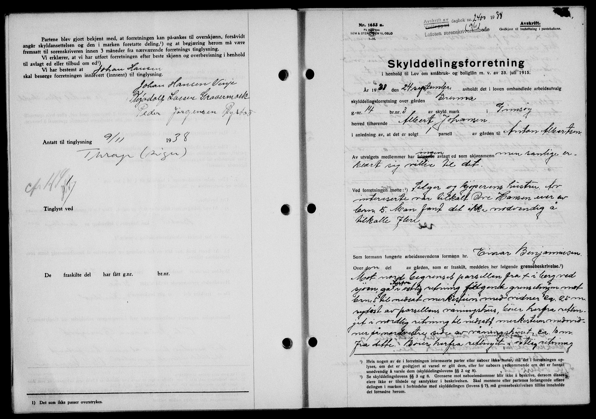 Lofoten sorenskriveri, SAT/A-0017/1/2/2C/L0004a: Mortgage book no. 4a, 1938-1938, Diary no: : 2400/1938