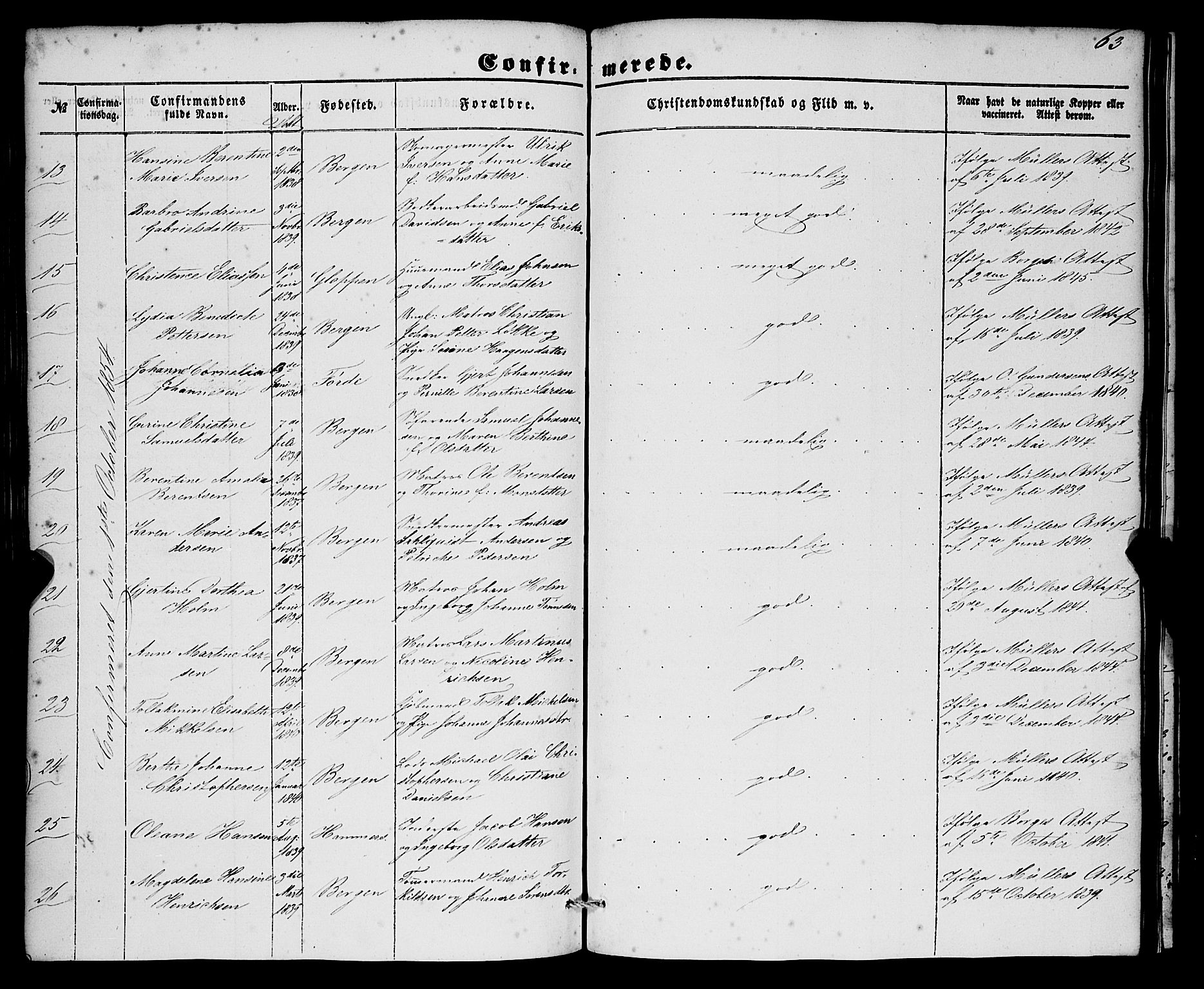 Nykirken Sokneprestembete, SAB/A-77101/H/Haa/L0023: Parish register (official) no. C 2, 1851-1863, p. 63
