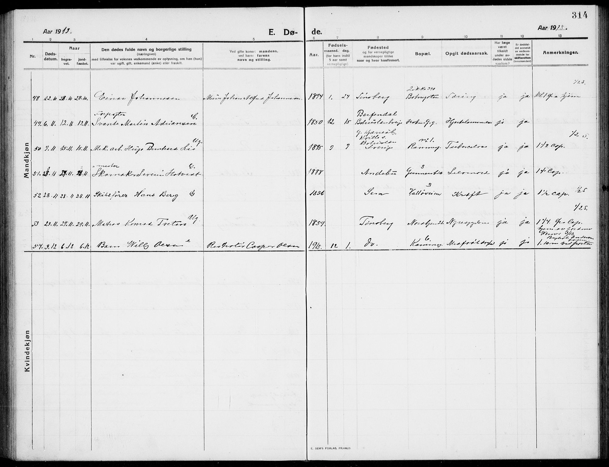 Tønsberg kirkebøker, SAKO/A-330/G/Ga/L0009: Parish register (copy) no. 9, 1913-1920, p. 314