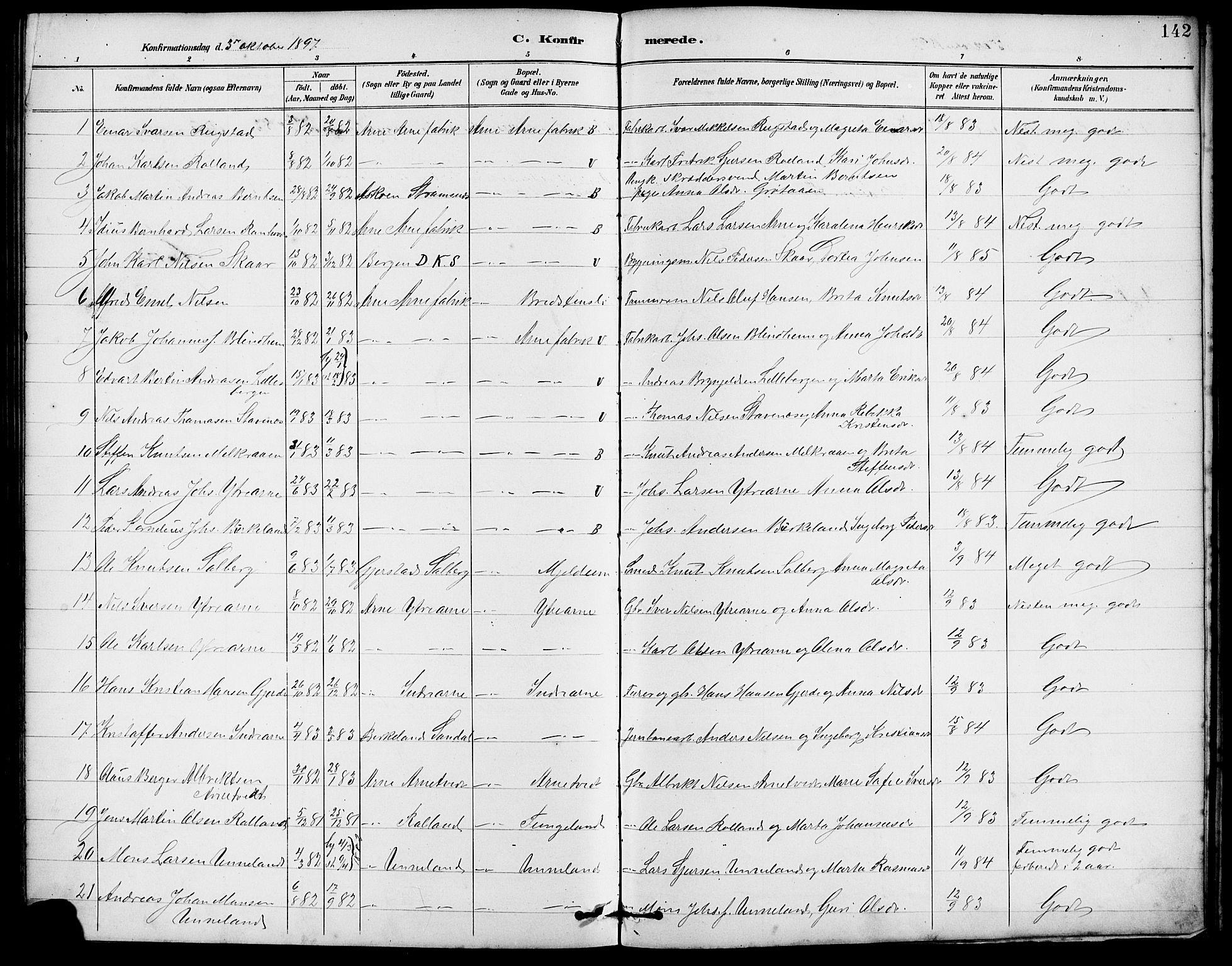 Arna sokneprestembete, AV/SAB-A-74001/H/Ha/Hab: Parish register (copy) no. A 3, 1887-1897, p. 142