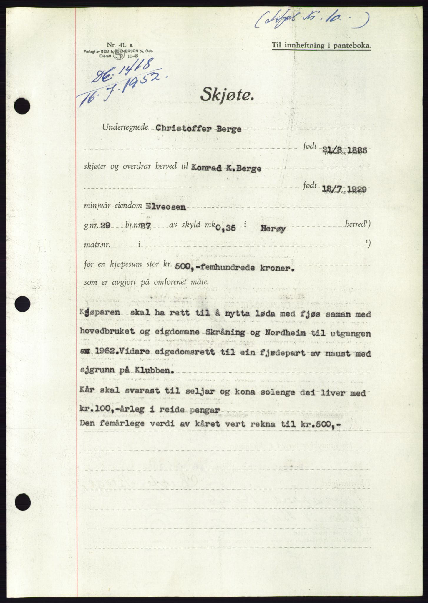 Søre Sunnmøre sorenskriveri, AV/SAT-A-4122/1/2/2C/L0092: Mortgage book no. 18A, 1952-1952, Diary no: : 1418/1952