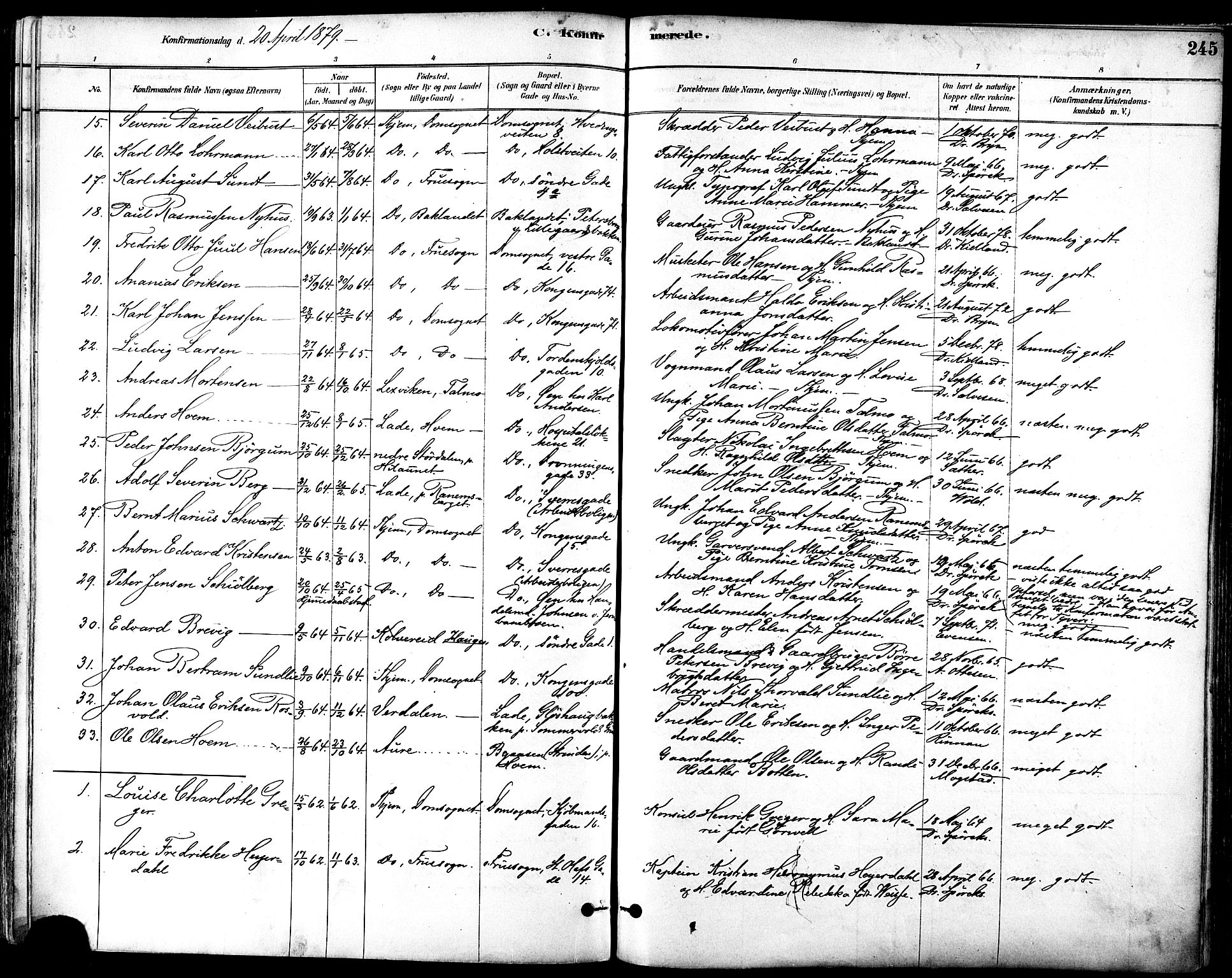 Ministerialprotokoller, klokkerbøker og fødselsregistre - Sør-Trøndelag, SAT/A-1456/601/L0057: Parish register (official) no. 601A25, 1877-1891, p. 245
