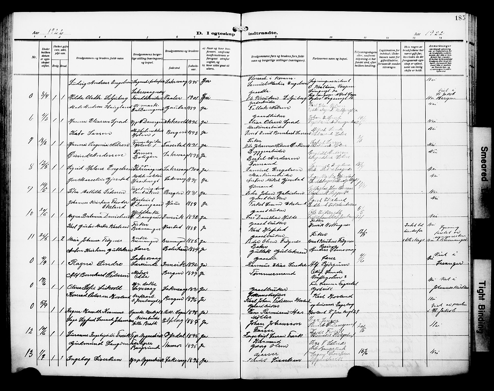 Laksevåg Sokneprestembete, SAB/A-76501/H/Ha/Hab/Haba/L0006: Parish register (copy) no. A 6, 1917-1925, p. 185