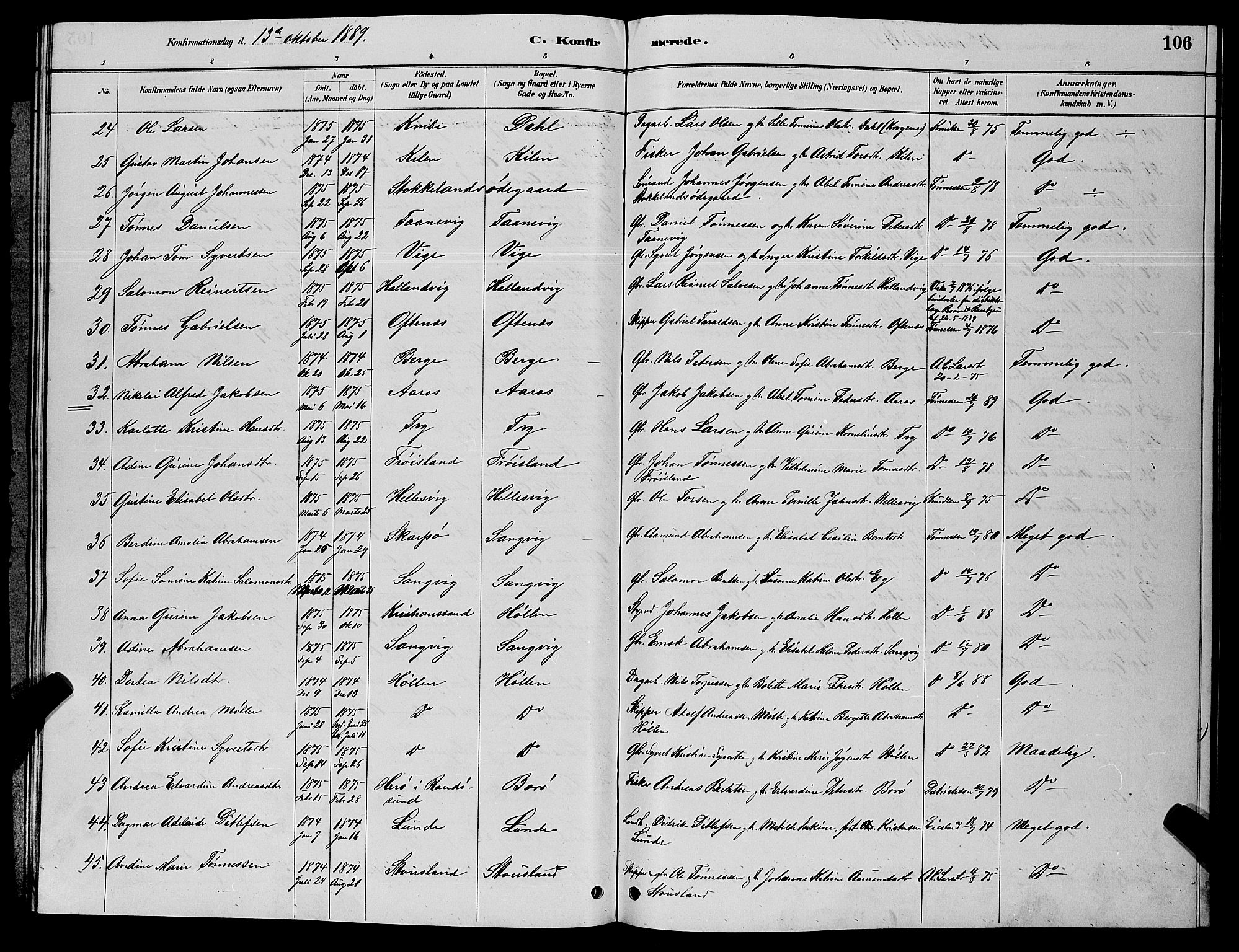 Søgne sokneprestkontor, SAK/1111-0037/F/Fb/Fbb/L0005: Parish register (copy) no. B 5, 1884-1891, p. 106