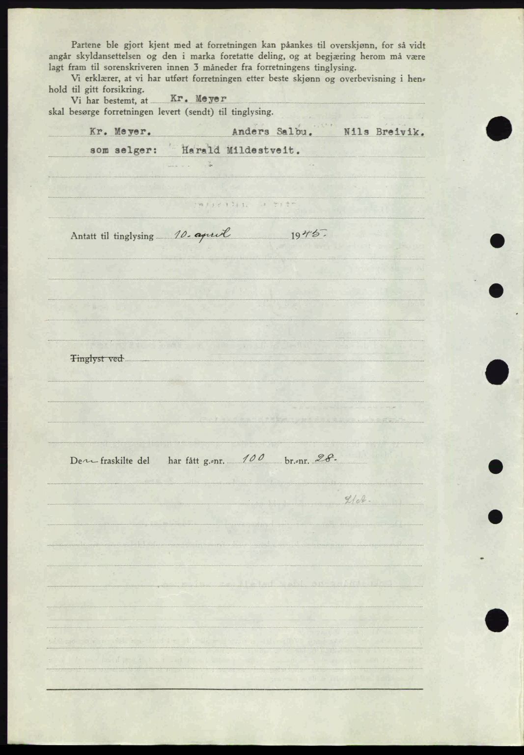 Midhordland sorenskriveri, SAB/A-3001/1/G/Gb/Gbj/L0019: Mortgage book no. A37-38, 1944-1945, Diary no: : 1036/1945