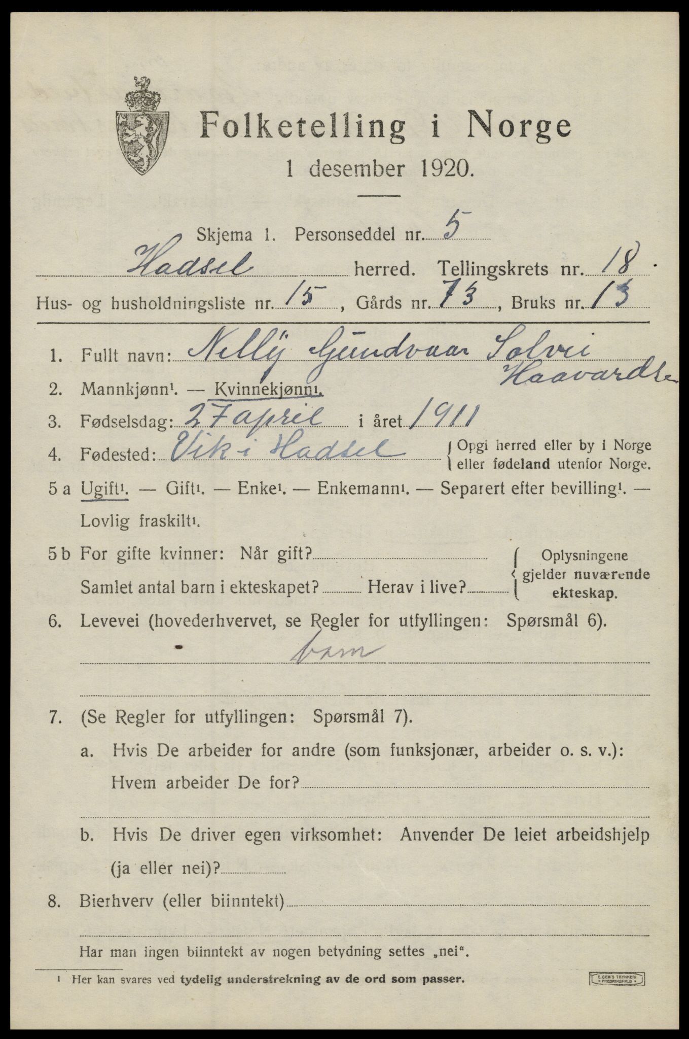 SAT, 1920 census for Hadsel, 1920, p. 16664