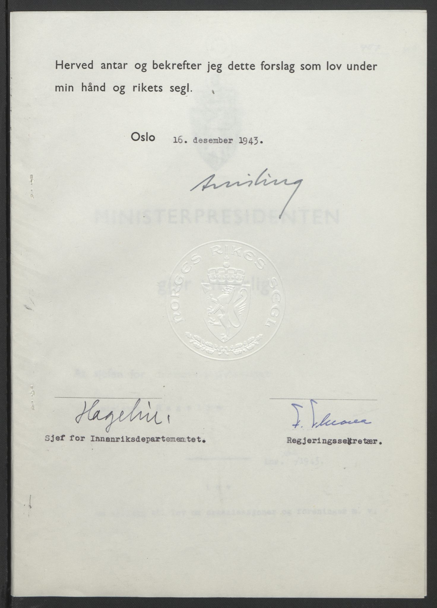 NS-administrasjonen 1940-1945 (Statsrådsekretariatet, de kommisariske statsråder mm), RA/S-4279/D/Db/L0099: Lover, 1943, p. 769