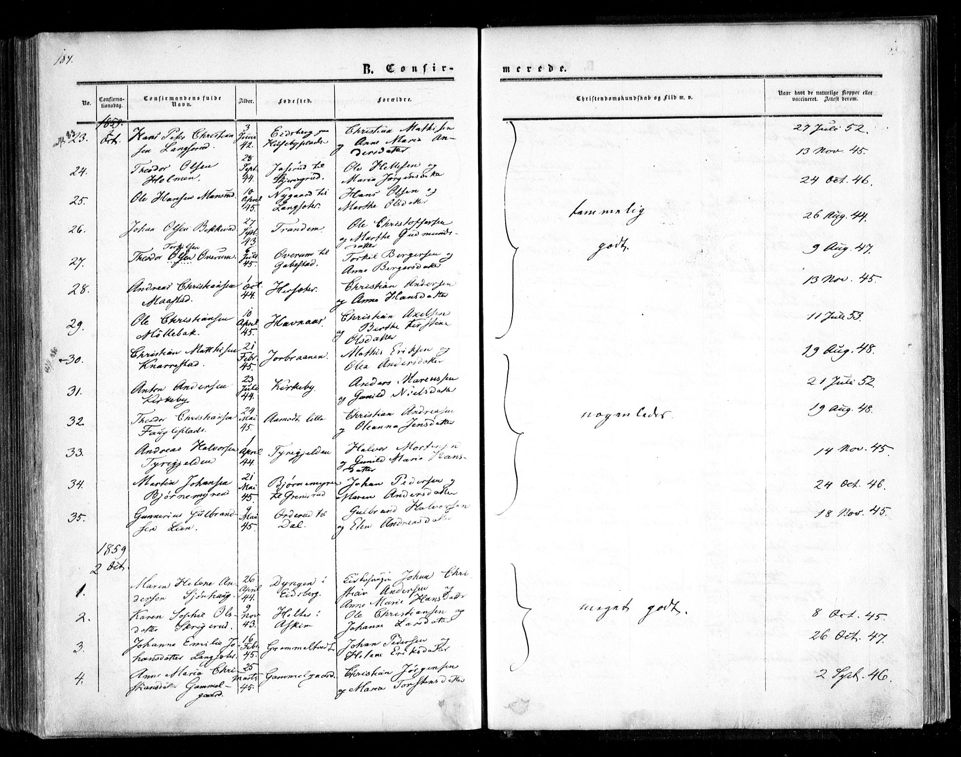 Trøgstad prestekontor Kirkebøker, AV/SAO-A-10925/F/Fa/L0008.a: Parish register (official) no. I 8A, 1855-1864, p. 184