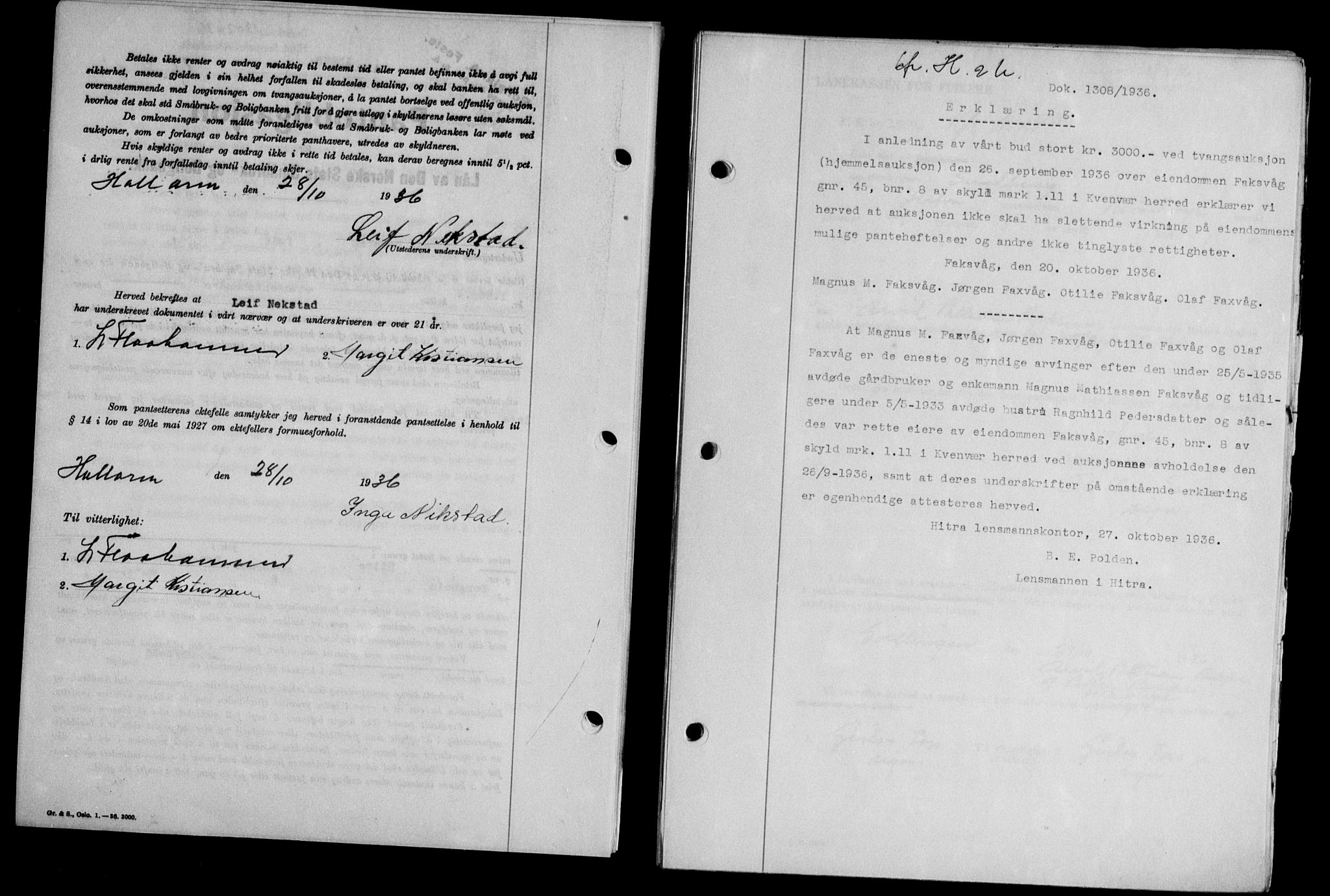 Hitra sorenskriveri, AV/SAT-A-0018/2/2C/2Ca/L0028: Mortgage book no. B-1, 1936-1939, Diary no: : 1308/1936