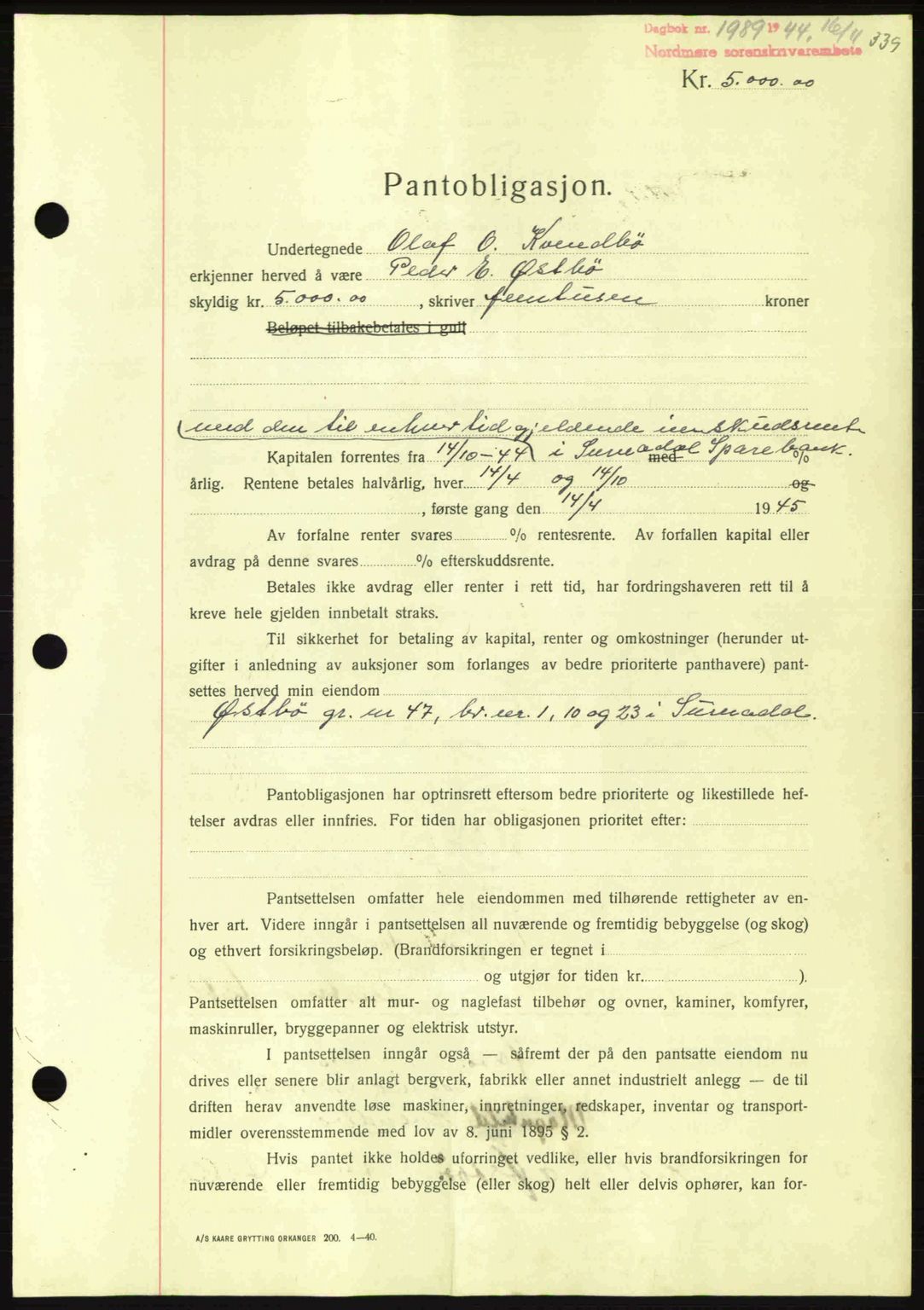 Nordmøre sorenskriveri, AV/SAT-A-4132/1/2/2Ca: Mortgage book no. B92, 1944-1945, Diary no: : 1989/1944