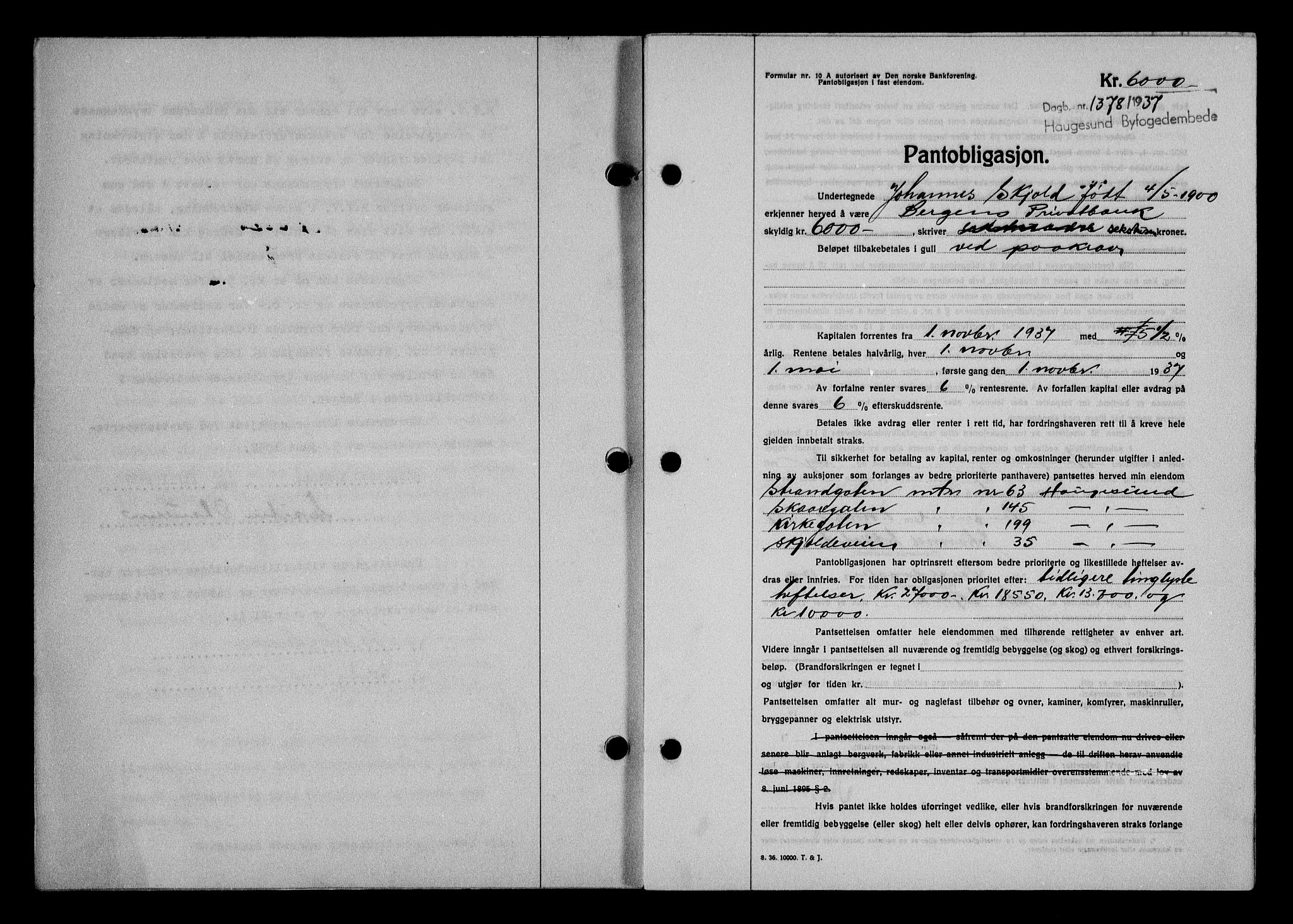 Haugesund tingrett, AV/SAST-A-101415/01/II/IIC/L0031: Mortgage book no. 31, 1936-1938, Diary no: : 1378/1937