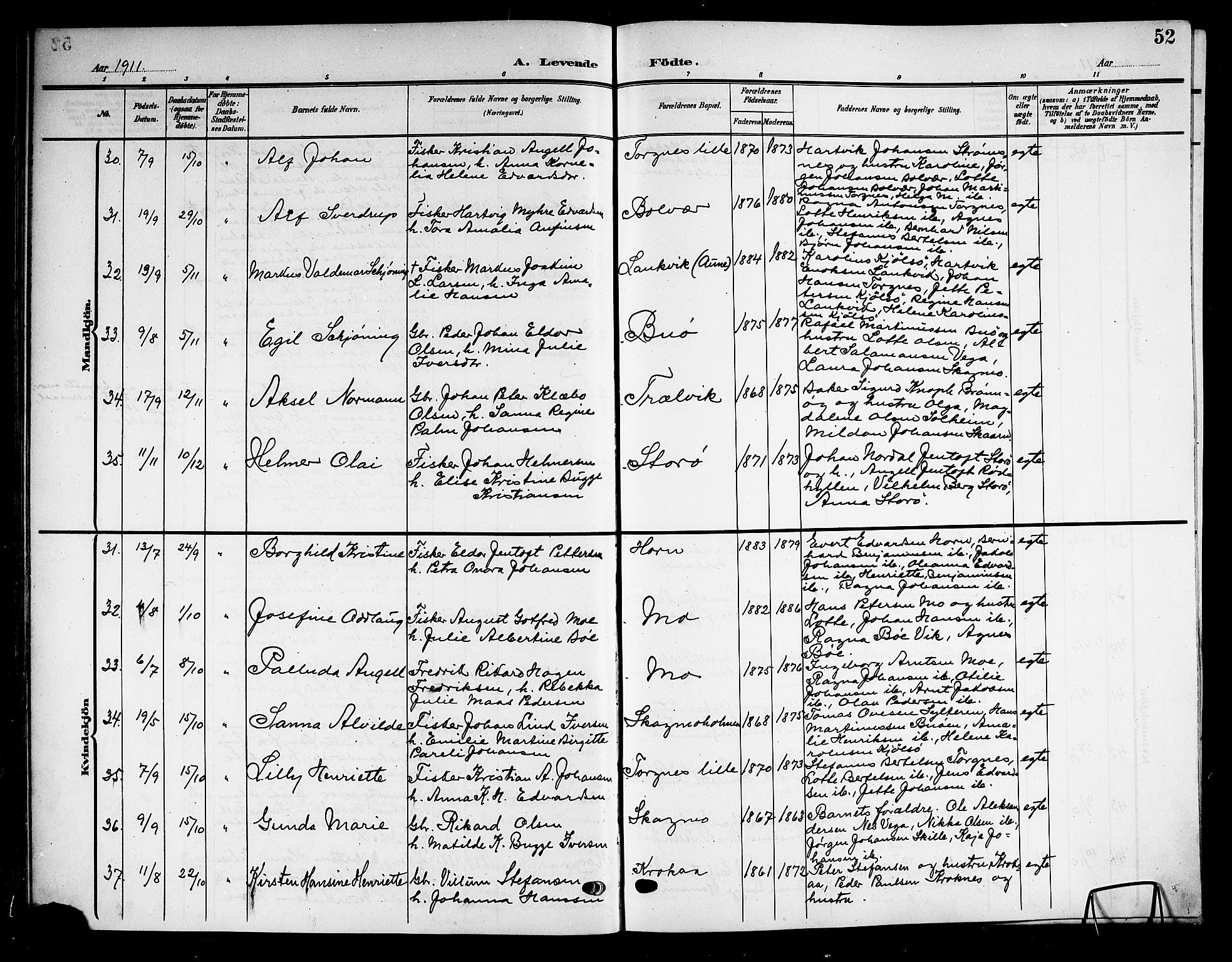 Ministerialprotokoller, klokkerbøker og fødselsregistre - Nordland, AV/SAT-A-1459/813/L0214: Parish register (copy) no. 813C06, 1904-1917, p. 52