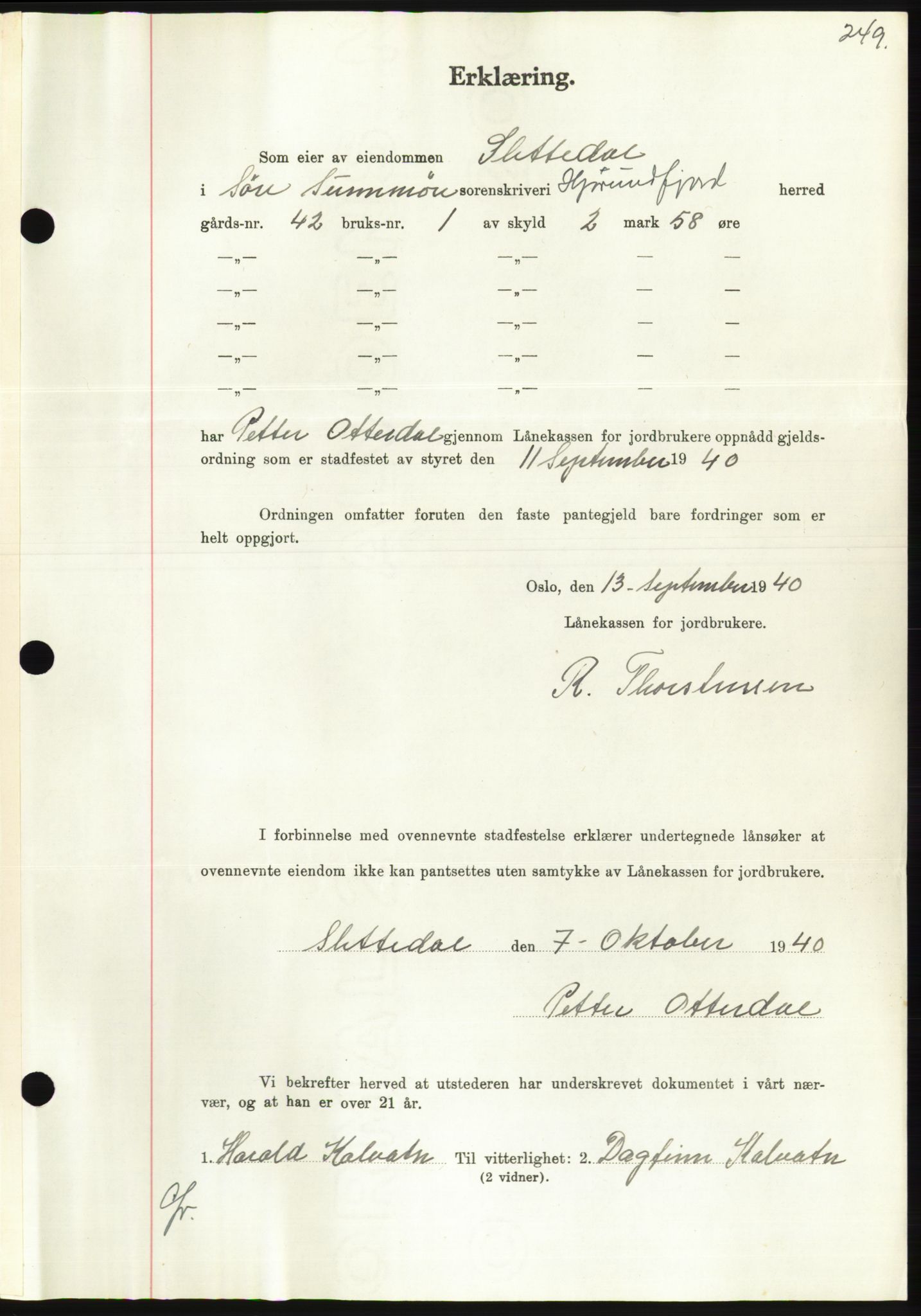 Søre Sunnmøre sorenskriveri, AV/SAT-A-4122/1/2/2C/L0070: Mortgage book no. 64, 1940-1941, Diary no: : 807/1940