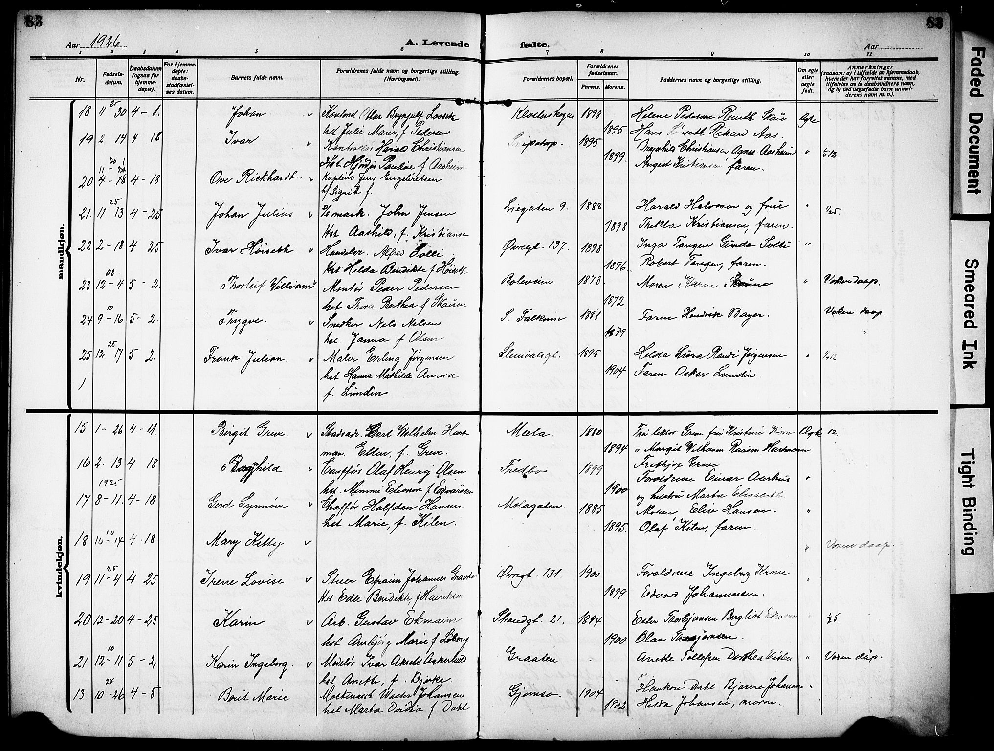 Skien kirkebøker, AV/SAKO-A-302/G/Ga/L0010: Parish register (copy) no. 10, 1920-1931, p. 83