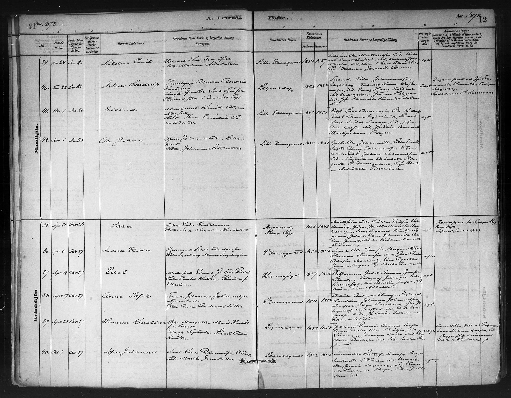 Askøy Sokneprestembete, AV/SAB-A-74101/H/Ha/Haa/Haae/L0002: Parish register (official) no. E 2, 1878-1891, p. 12