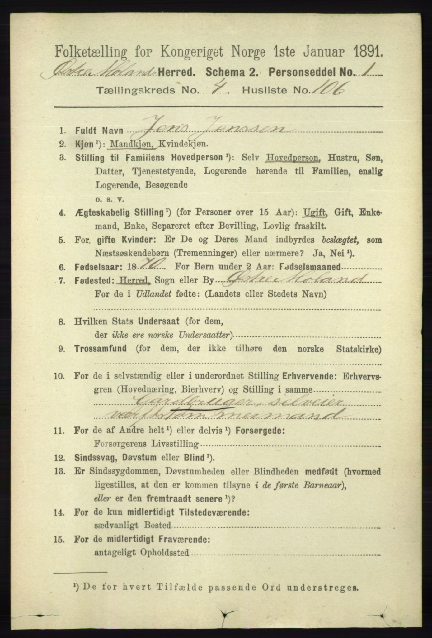 RA, 1891 census for 0918 Austre Moland, 1891, p. 2612