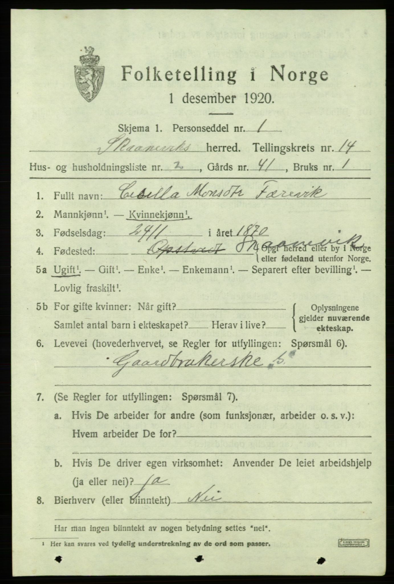 SAB, 1920 census for Skånevik, 1920, p. 6023