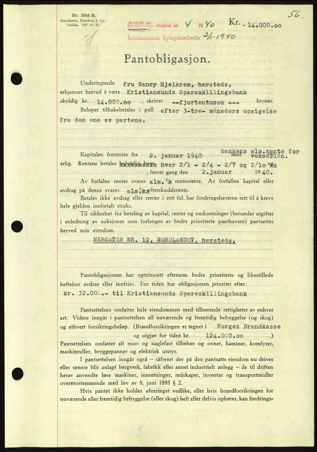 Kristiansund byfogd, AV/SAT-A-4587/A/27: Mortgage book no. 33, 1939-1941, Diary no: : 4/1940