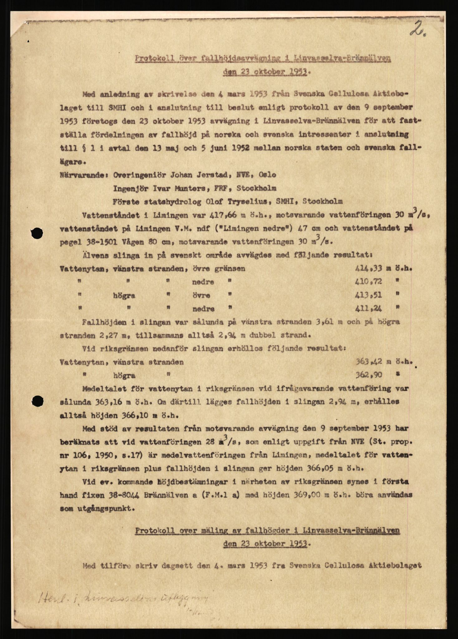 Vassdragsdirektoratet/avdelingen, RA/S-6242/F/Fa/L0571/0003: Limingen / Utbygging av Linnvasselva – Brännälven 1953, med nokre få dokument frå 1963 , 1953-1963, p. 3