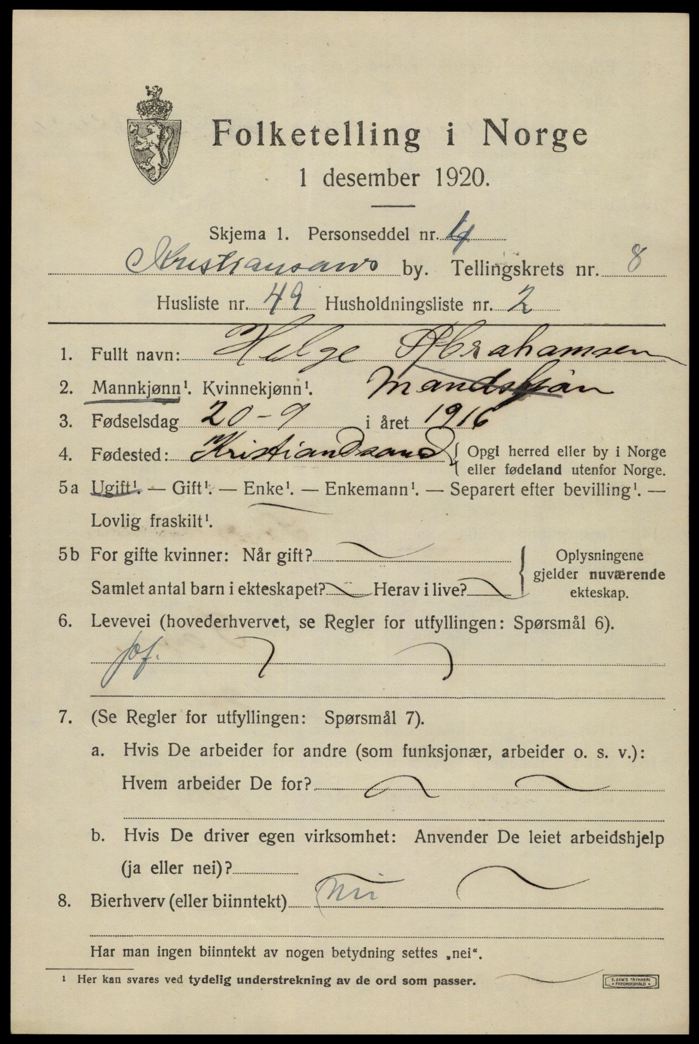 SAK, 1920 census for Kristiansand, 1920, p. 22015