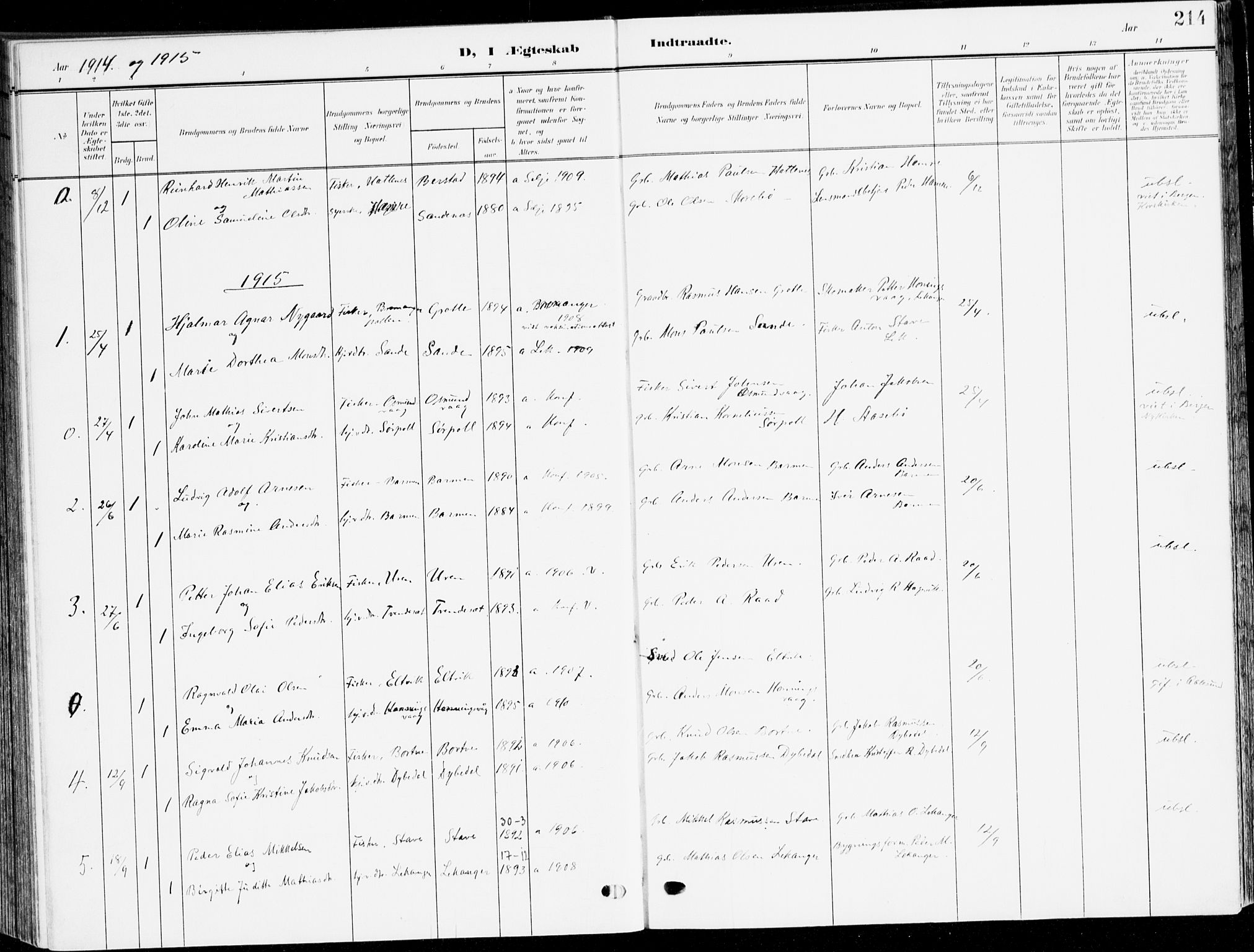 Selje sokneprestembete, SAB/A-99938/H/Ha/Haa/Haab: Parish register (official) no. B 3, 1908-1923, p. 214