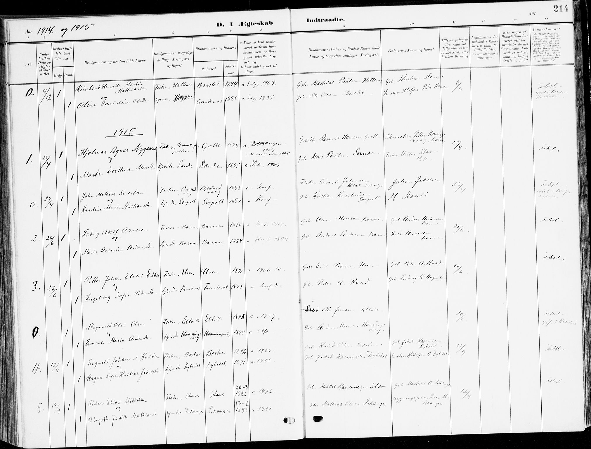 Selje sokneprestembete, AV/SAB-A-99938/H/Ha/Haa/Haab: Parish register (official) no. B 3, 1908-1923, p. 214