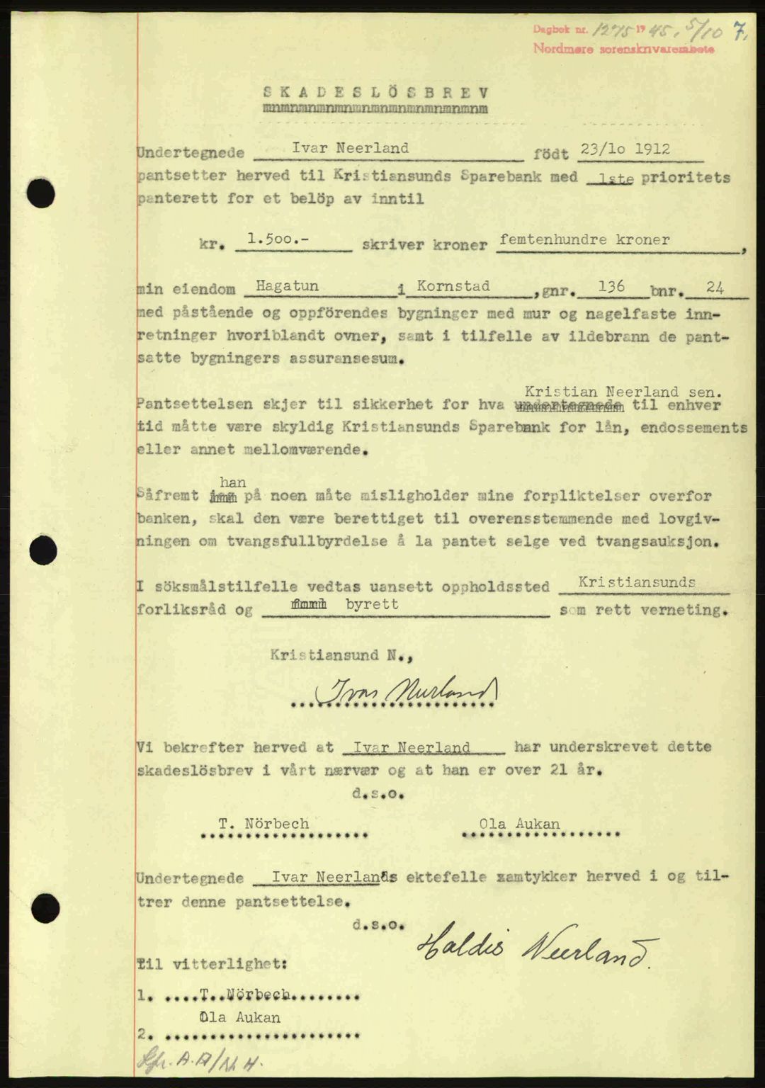 Nordmøre sorenskriveri, AV/SAT-A-4132/1/2/2Ca: Mortgage book no. B93a, 1945-1945, Diary no: : 1275/1945