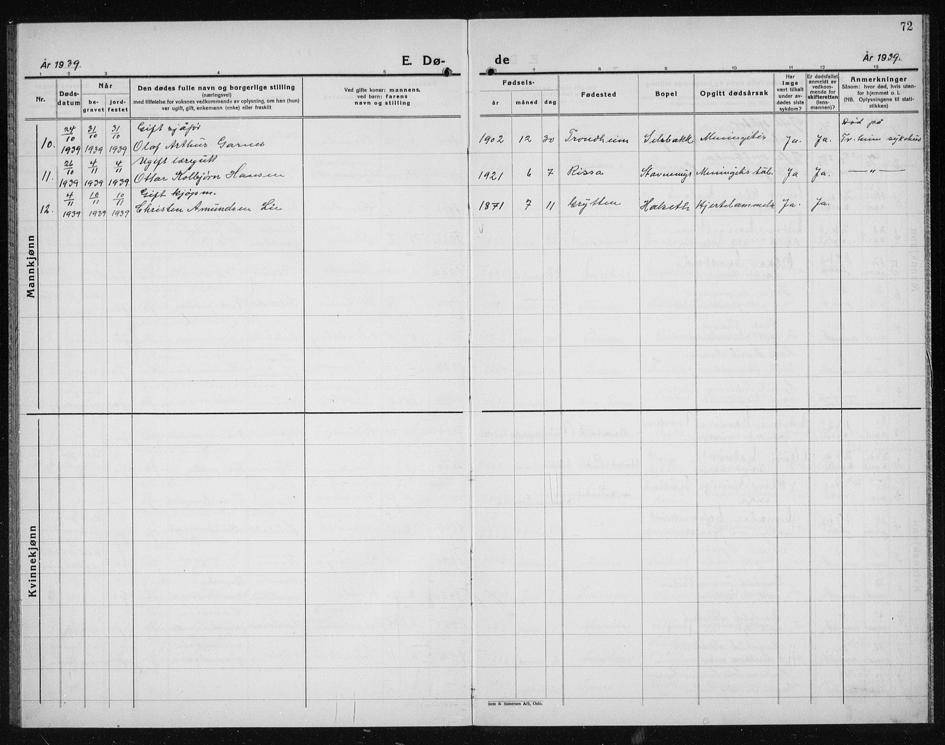 Ministerialprotokoller, klokkerbøker og fødselsregistre - Sør-Trøndelag, SAT/A-1456/611/L0357: Parish register (copy) no. 611C05, 1938-1942, p. 72