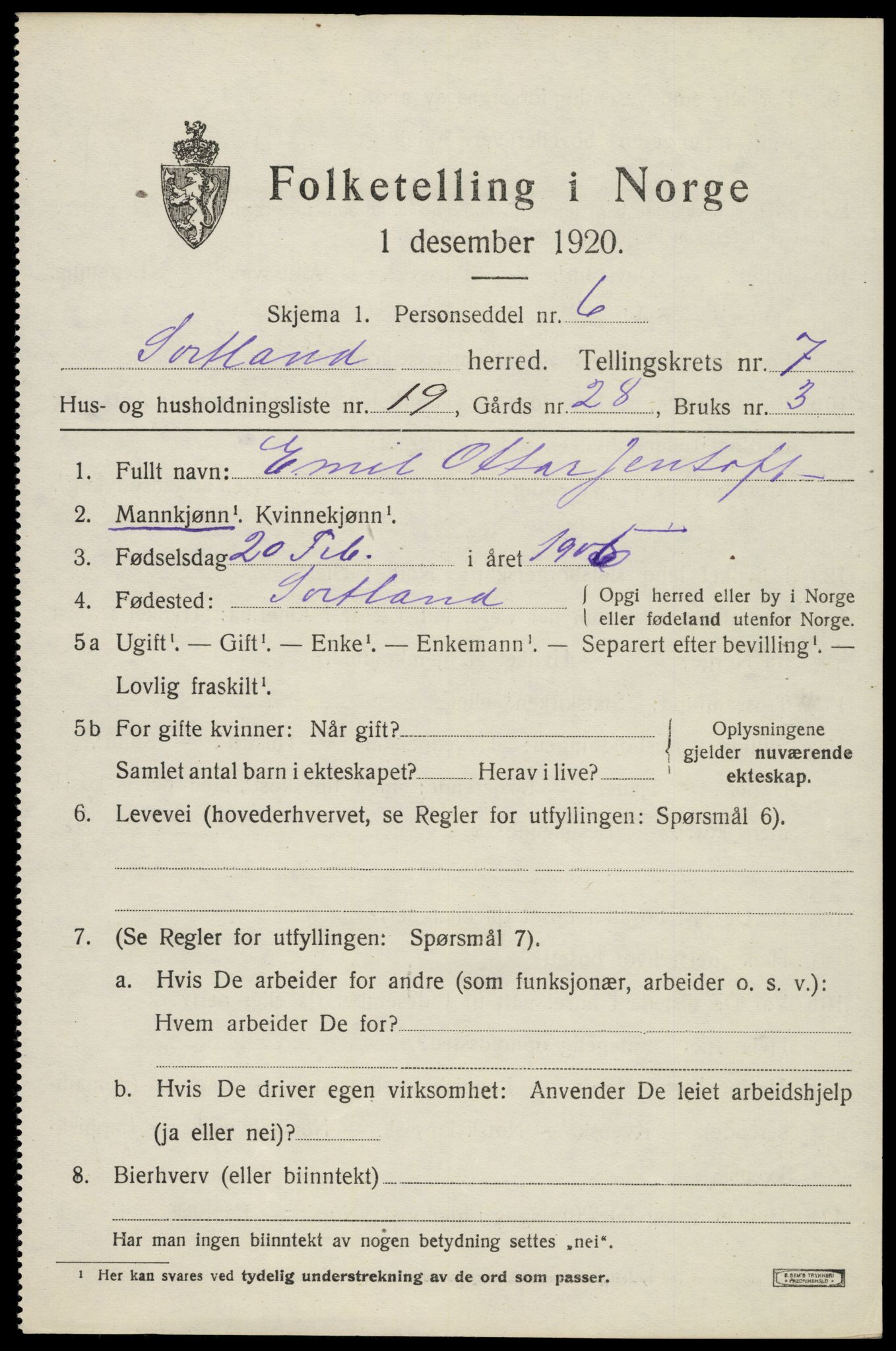 SAT, 1920 census for Sortland, 1920, p. 6772