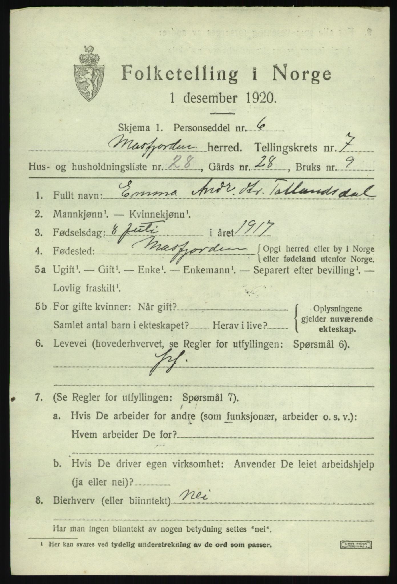 SAB, 1920 census for Masfjorden, 1920, p. 3065