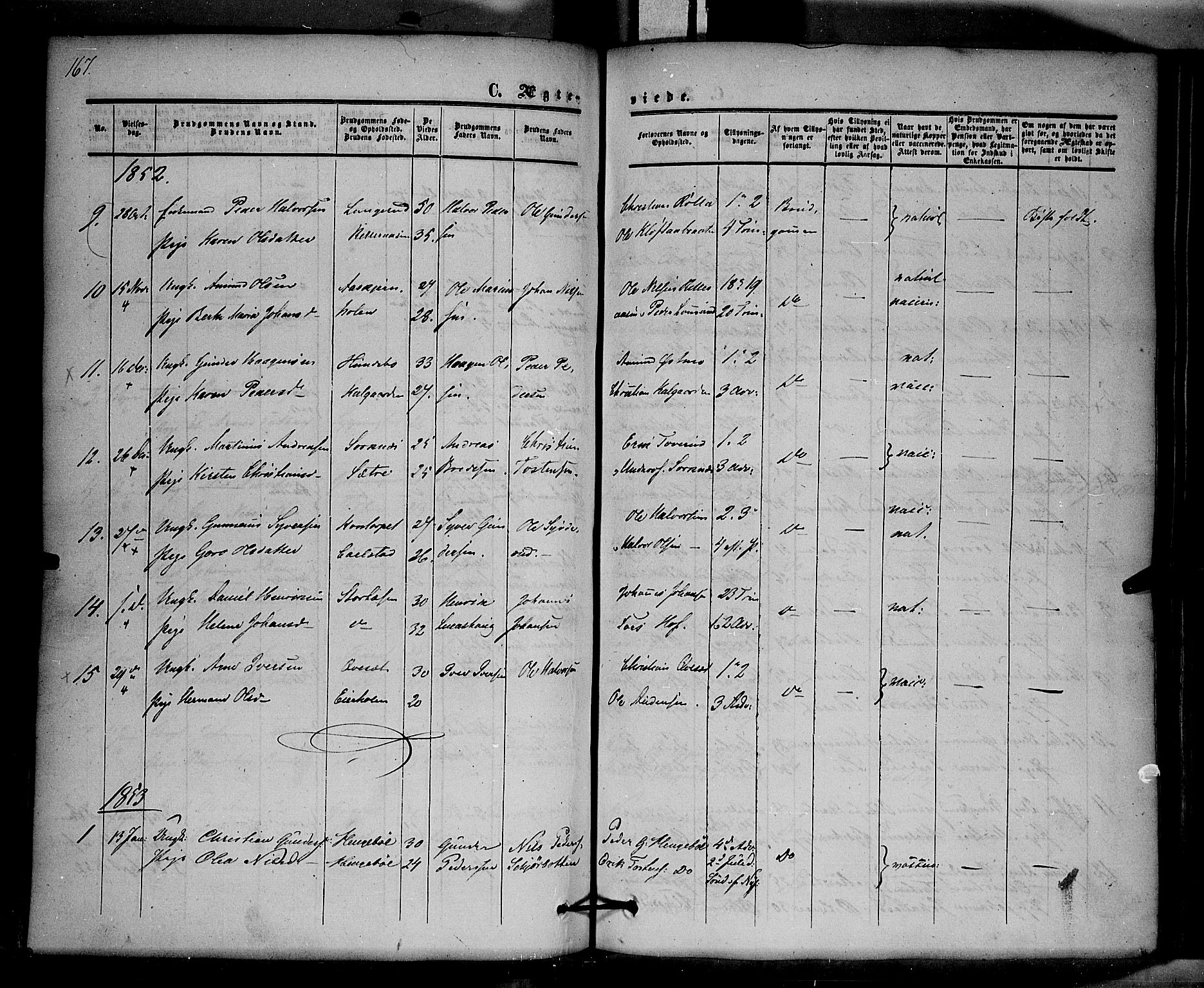 Hof prestekontor, SAH/PREST-038/H/Ha/Haa/L0008: Parish register (official) no. 8, 1849-1861, p. 167