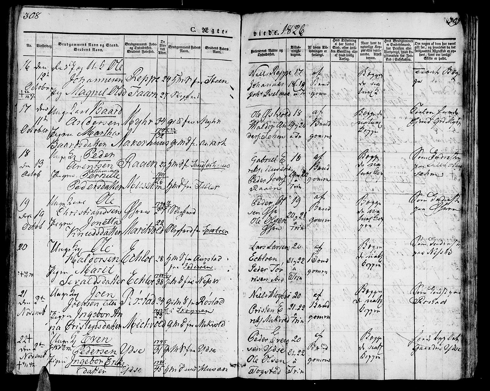 Ministerialprotokoller, klokkerbøker og fødselsregistre - Nord-Trøndelag, SAT/A-1458/723/L0237: Parish register (official) no. 723A06, 1822-1830, p. 308-309