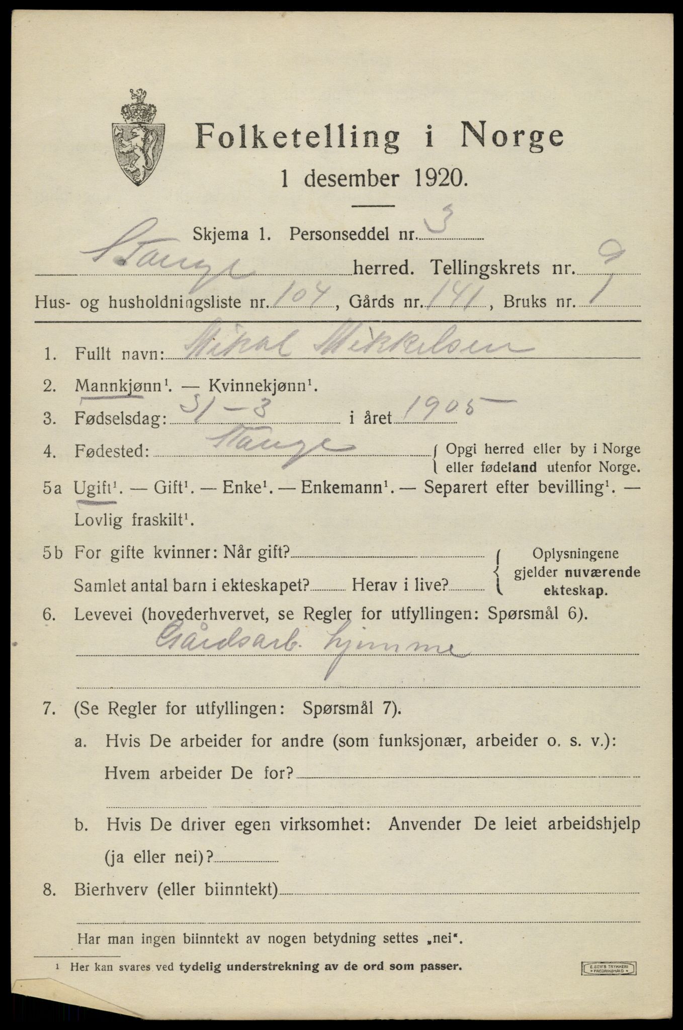 SAH, 1920 census for Stange, 1920, p. 15831