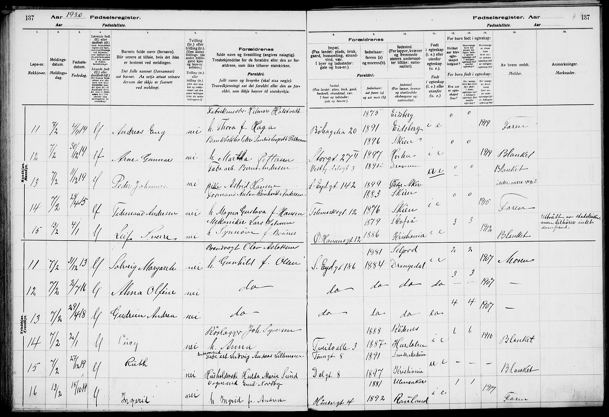 Rjukan kirkebøker, AV/SAKO-A-294/J/Ja/L0001: Birth register no. 1, 1916-1922, p. 137