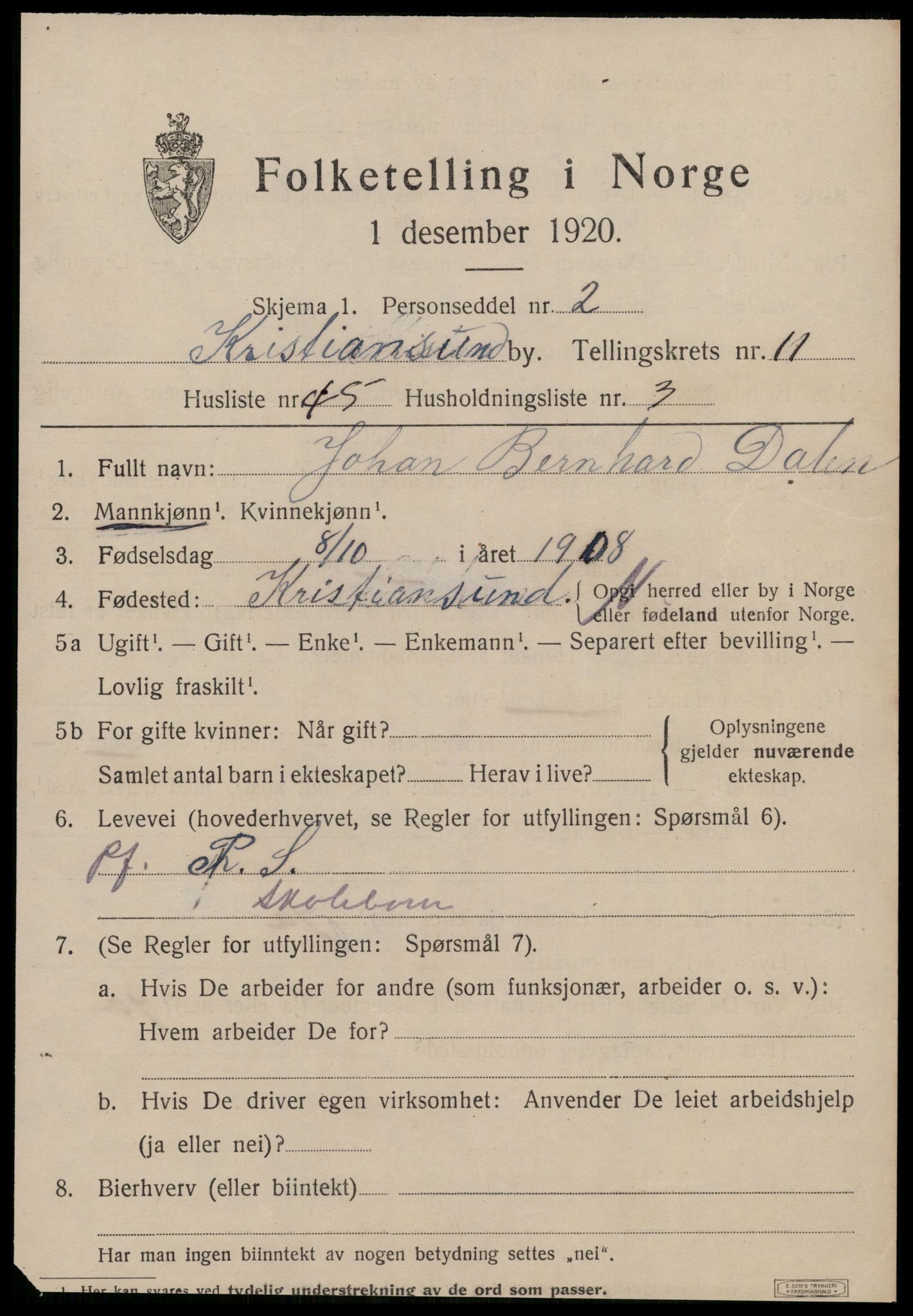 SAT, 1920 census for Kristiansund, 1920, p. 25269