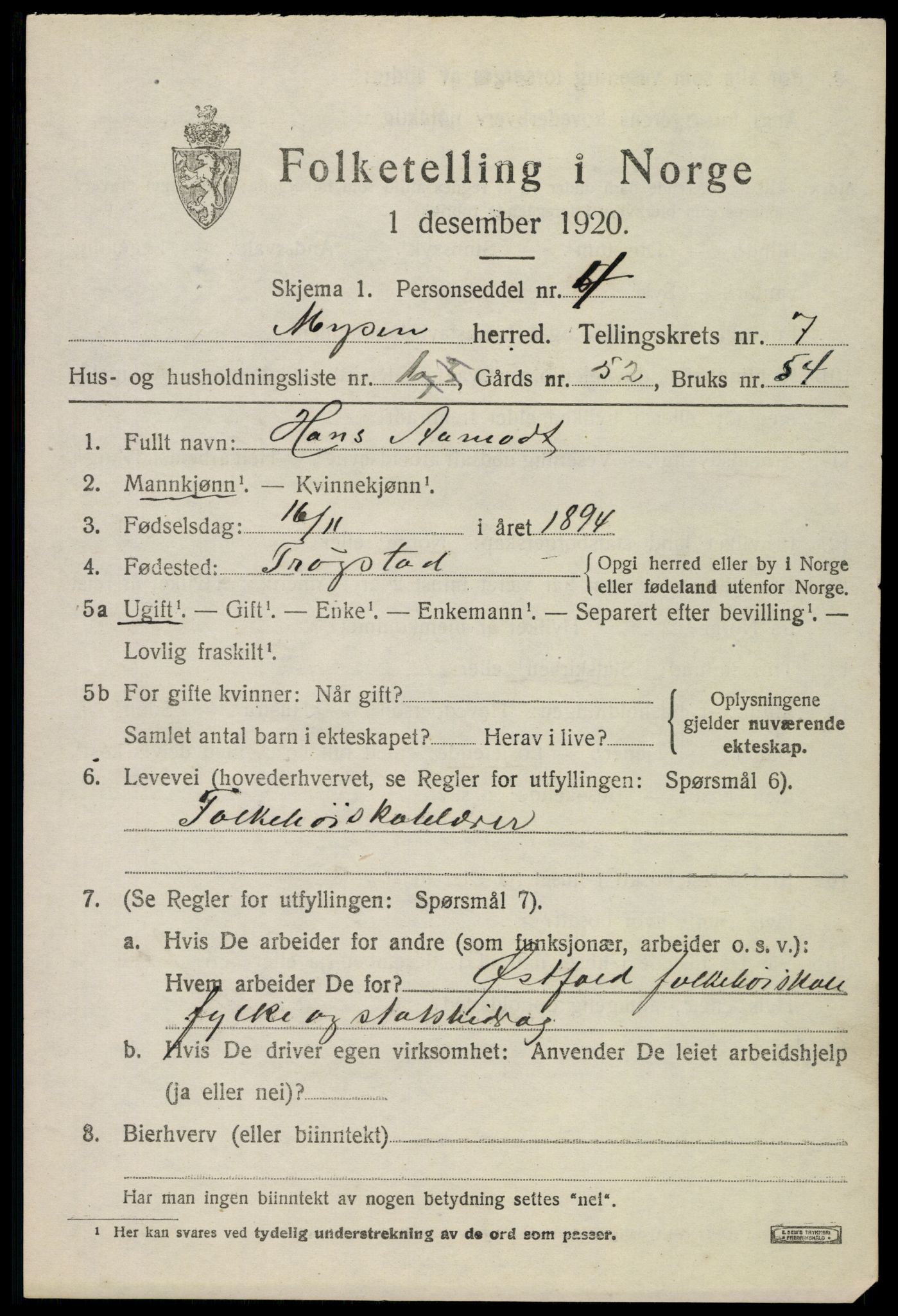 SAO, 1920 census for Mysen, 1920, p. 3259