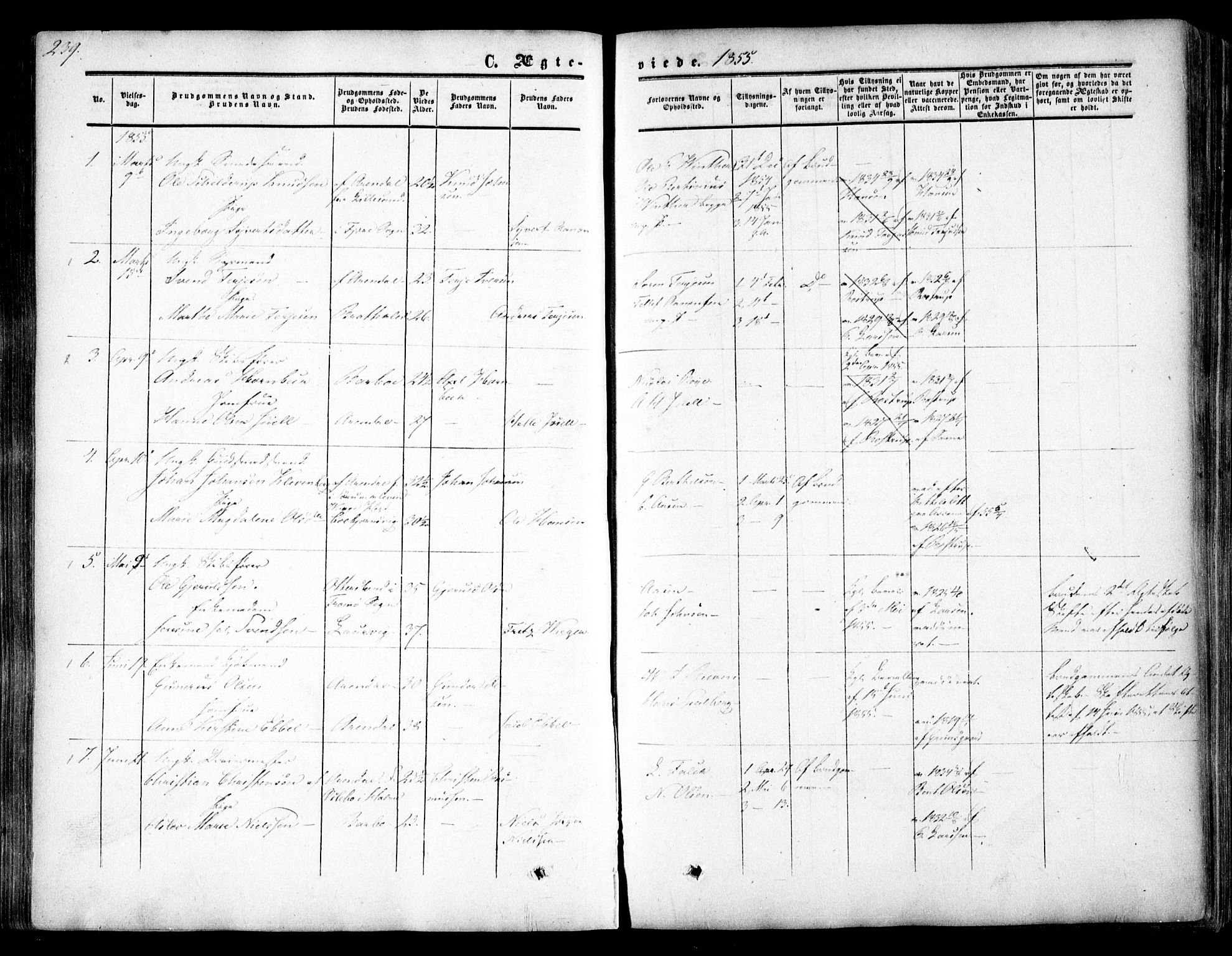 Arendal sokneprestkontor, Trefoldighet, SAK/1111-0040/F/Fa/L0006: Parish register (official) no. A 6, 1855-1868, p. 239