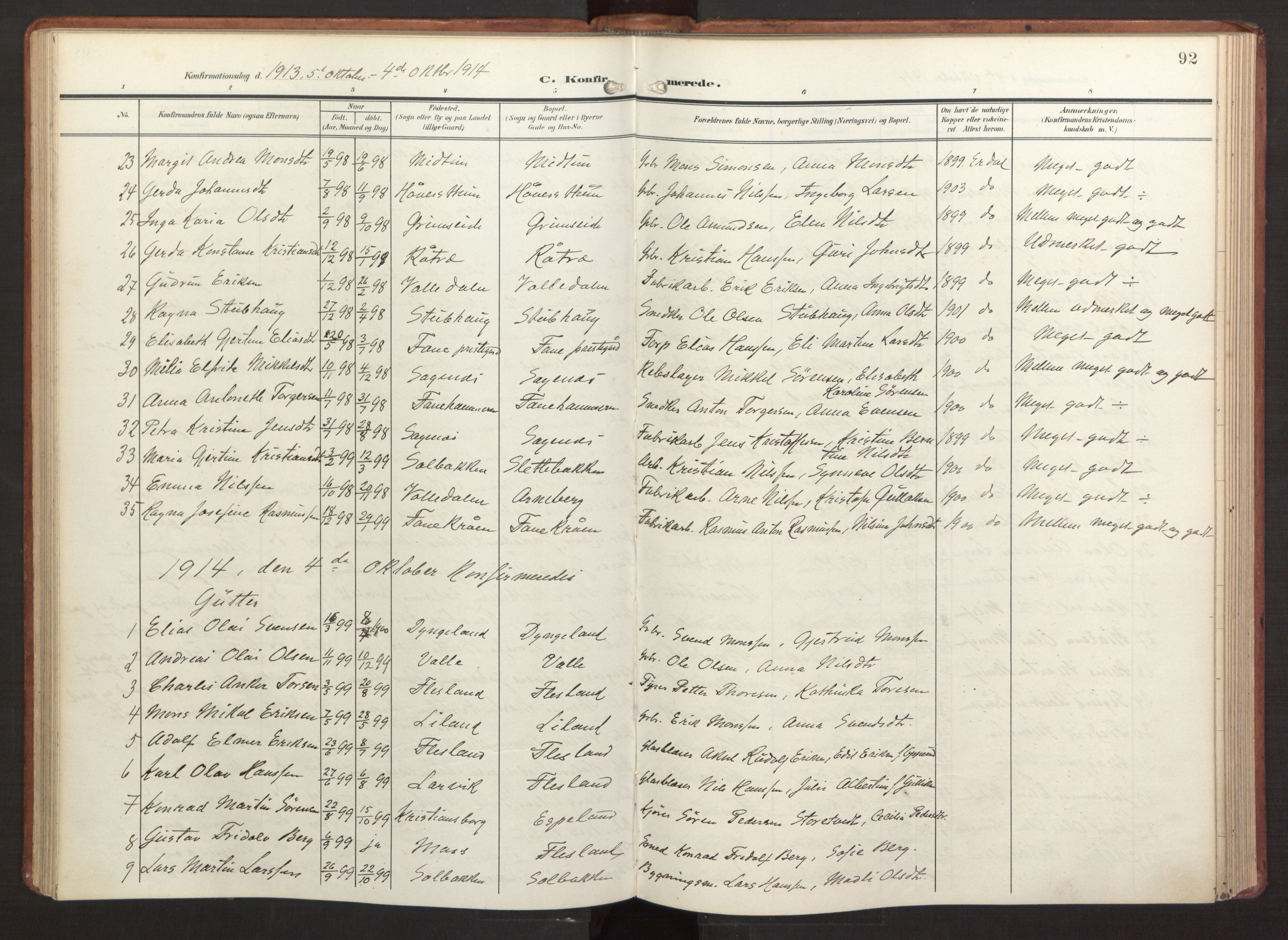 Fana Sokneprestembete, AV/SAB-A-75101/H/Haa/Haab/L0004: Parish register (official) no. B 4, 1908-1915, p. 92