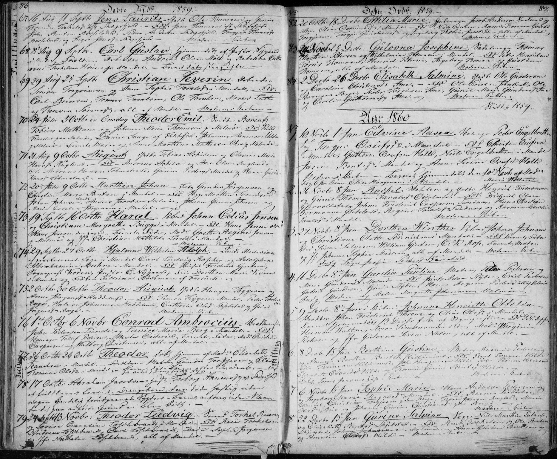 Mandal sokneprestkontor, AV/SAK-1111-0030/F/Fb/Fba/L0008: Parish register (copy) no. B 2, 1854-1868, p. 86-87